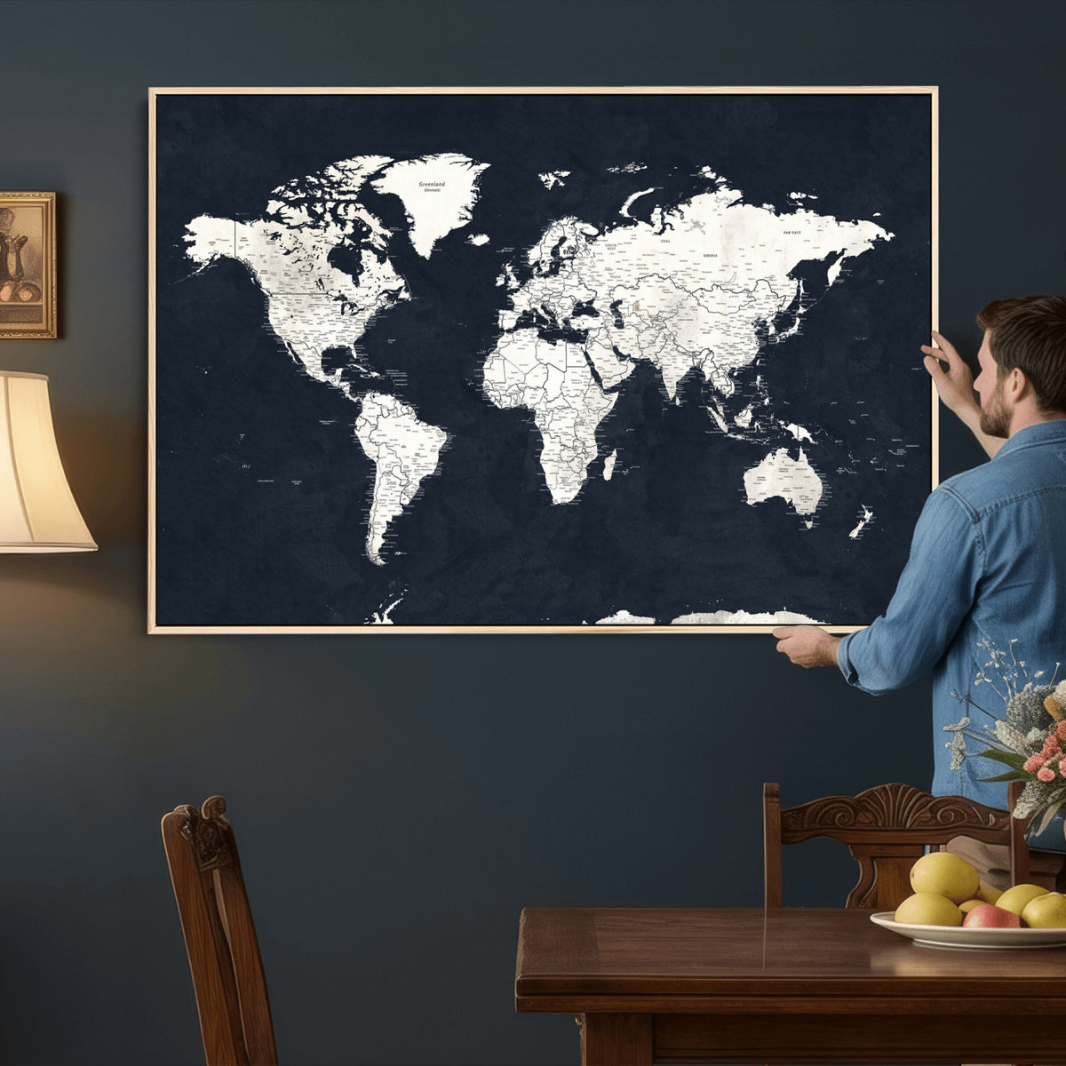 11963807-MGV-CV-36X24 - Black World Map Wall Art Canvas Print for Home Office and Meeting Room Decor