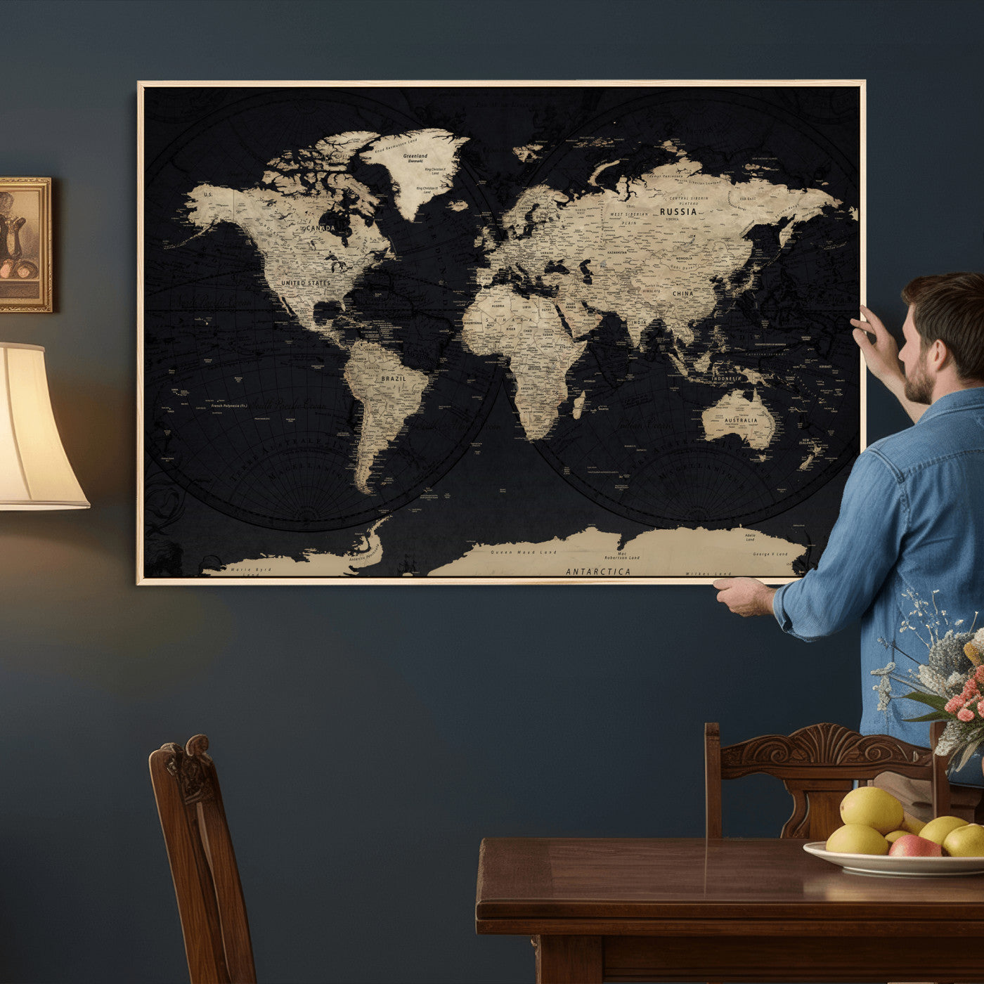 61835687-MGV-CV-36X24 - World Map Wall Art Canvas Print, Modern Decorative Framed Map Artwork Prints for Living Room, Office, Bedroom Wall Decor