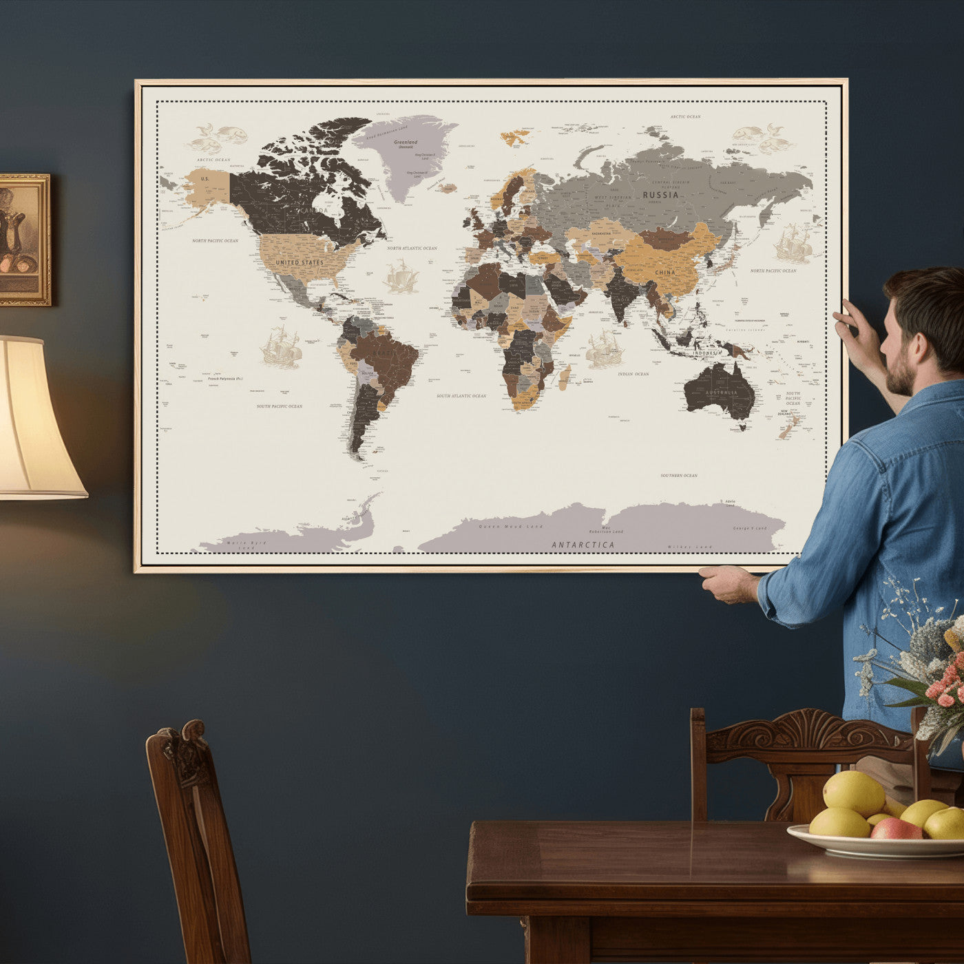58777746-MGV-CV-36X24 - World Map Wall Art Canvas Print, Modern Decorative Framed Map Artwork Prints for Living Room, Office, Bedroom Wall Decor