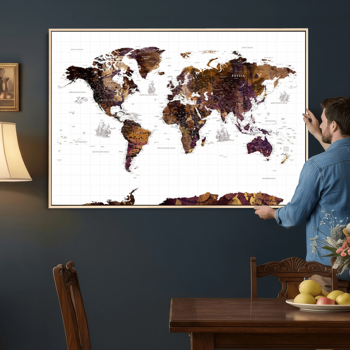 34792695-MGV-CV-36X24 - Rustic World Map Wall Art Canvas Print | Large Vintage Blue World Map on Wood Grain Style Background