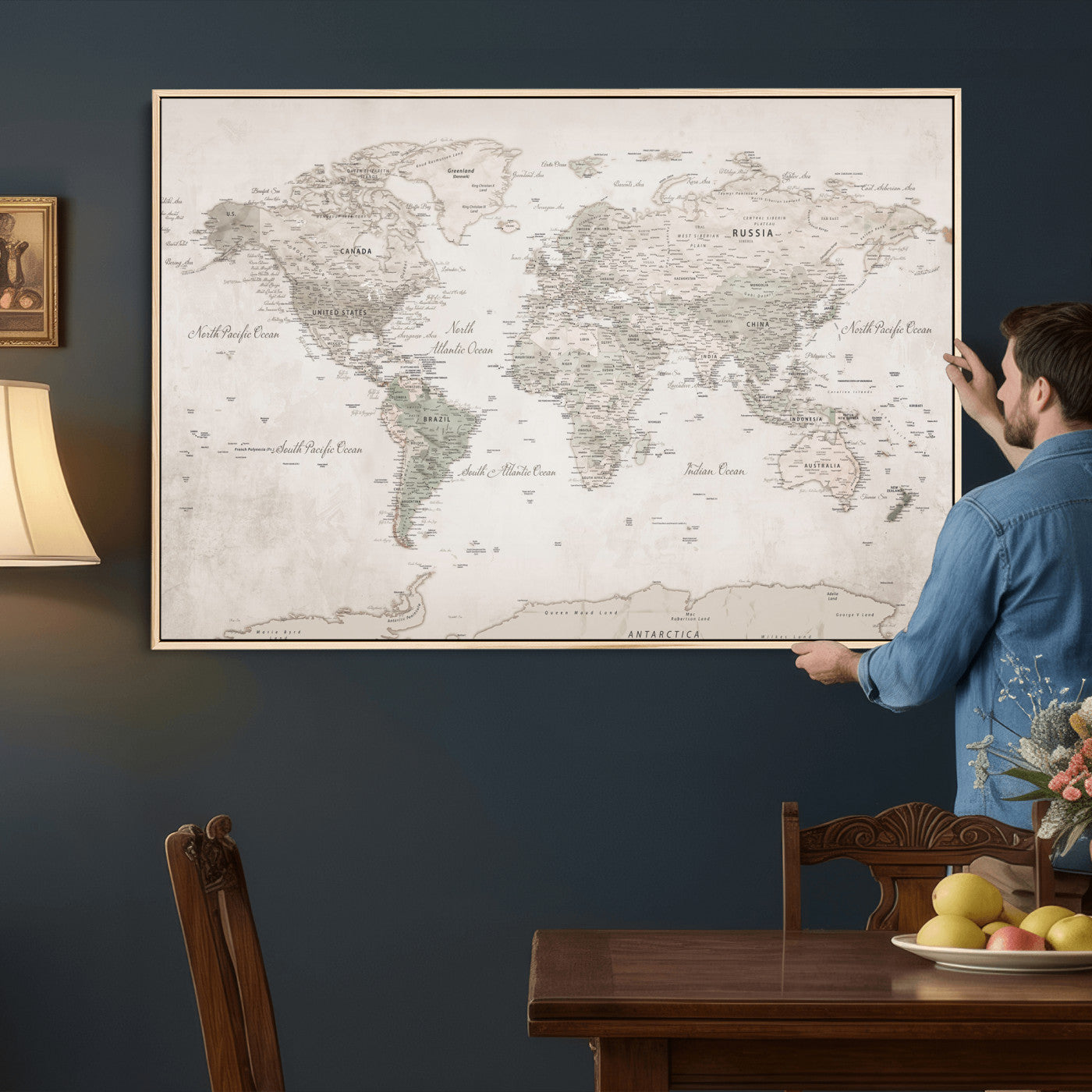 90355419-MGV-CV-36X24 - World Map Wall Art Canvas Print, Modern Decorative Framed Map Artwork Prints for Living Room, Office, Bedroom Wall Decor