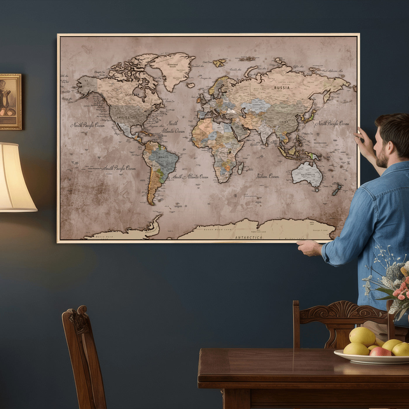 91471273-MGV-CV-36X24 - World Map Wall Art Canvas Print, Modern Decorative Framed Map Artwork Prints for Living Room, Office, Bedroom Wall Decor