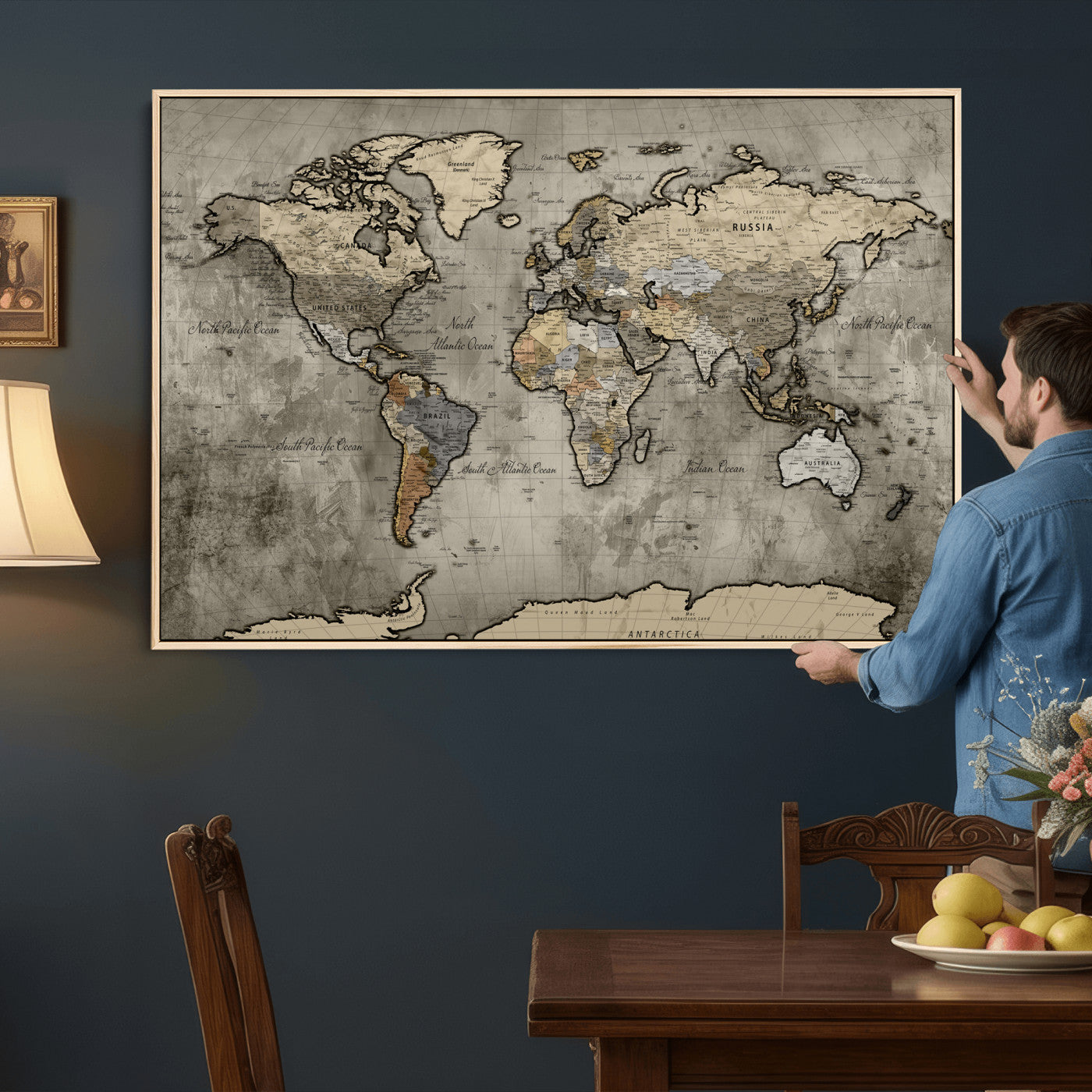 85218700-MGV-CV-36X24 - World Map Wall Art Canvas Print, Modern Decorative Framed Map Artwork Prints for Living Room, Office, Bedroom Wall Decor
