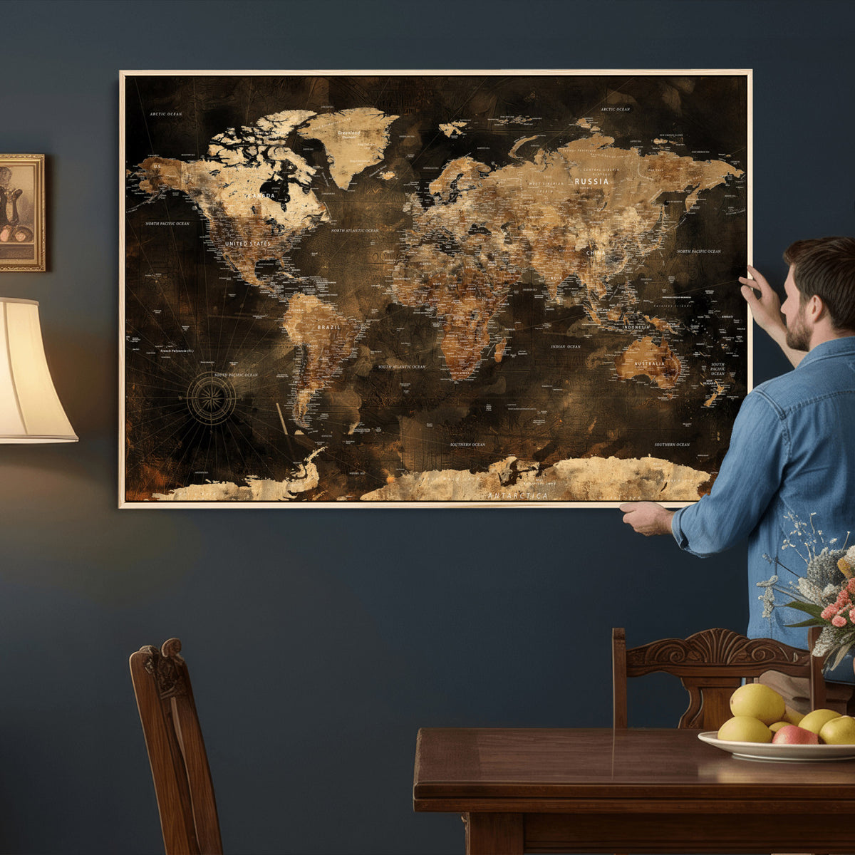 97742922-MGV-CV-36X24 - World Map Canvas Print, Modern Decorative Framed Map Artwork