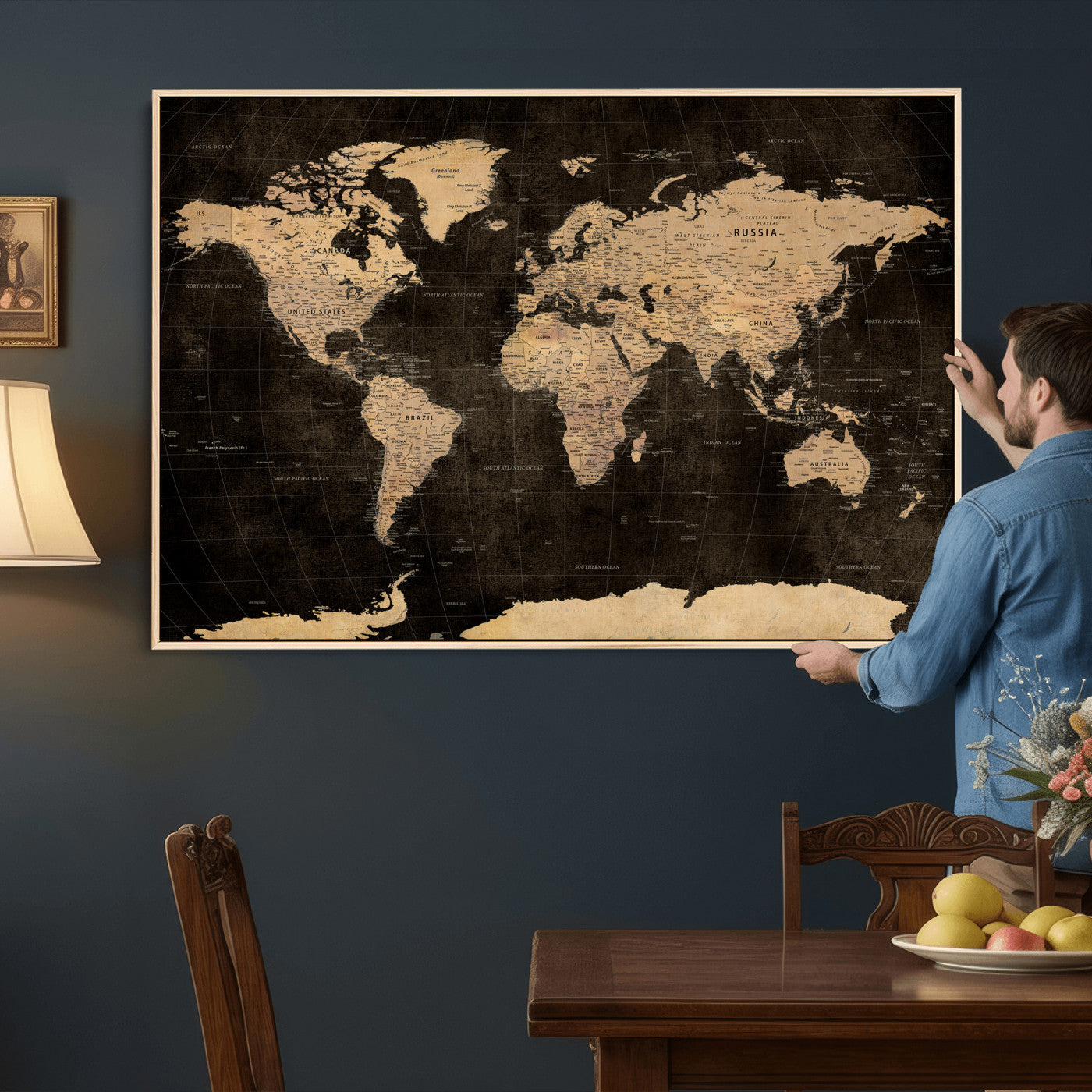 17790470-MGV-CV-36X24 - World Map Wall Art Canvas Print, Modern Decorative Framed Map Artwork Prints for Living Room, Office, Bedroom Wall Decor