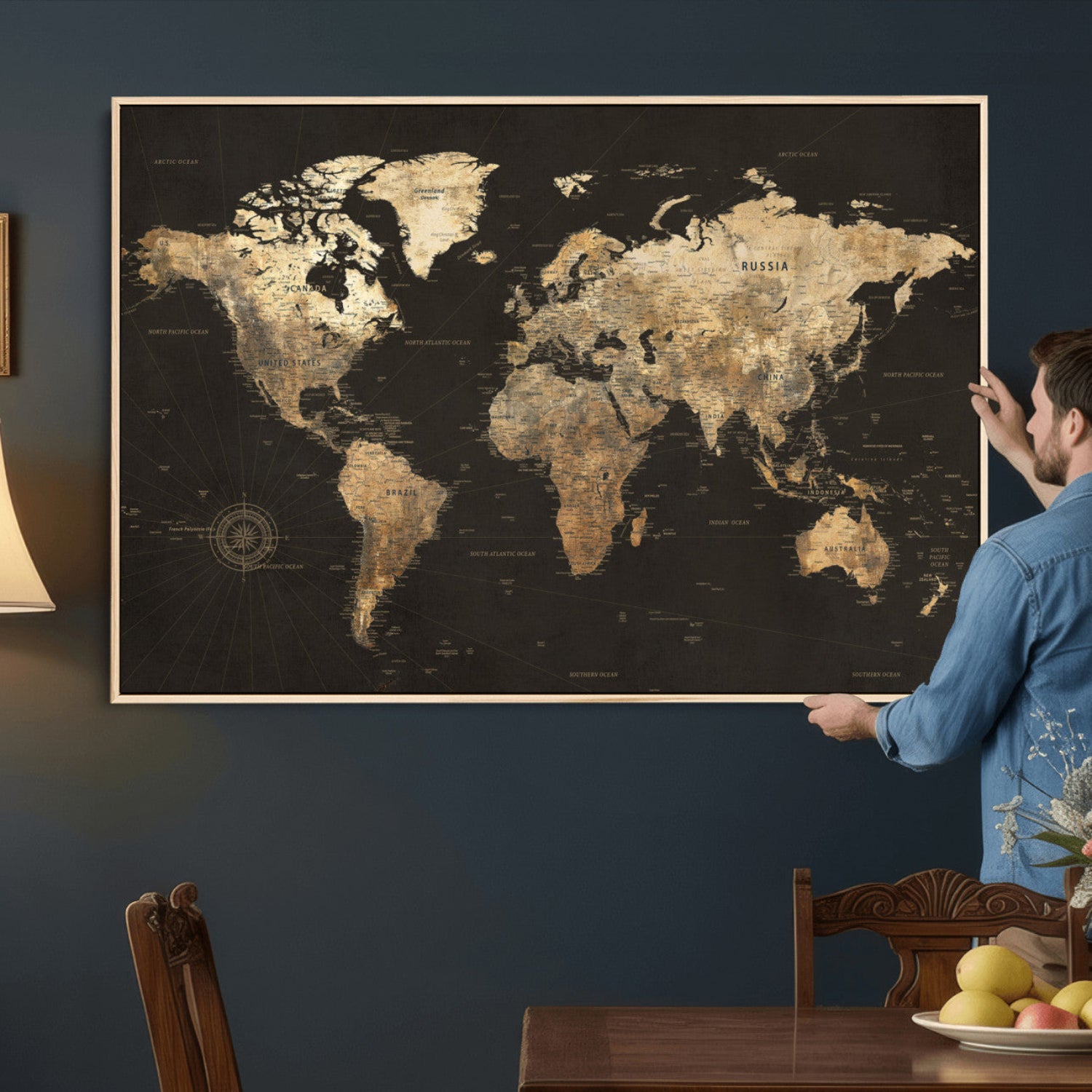 70985630-MGV-CV-36X24 - World Map Wall Art Canvas Print, Modern Decorative Framed Map Artwork Prints for Living Room, Office, Bedroom Wall Decor