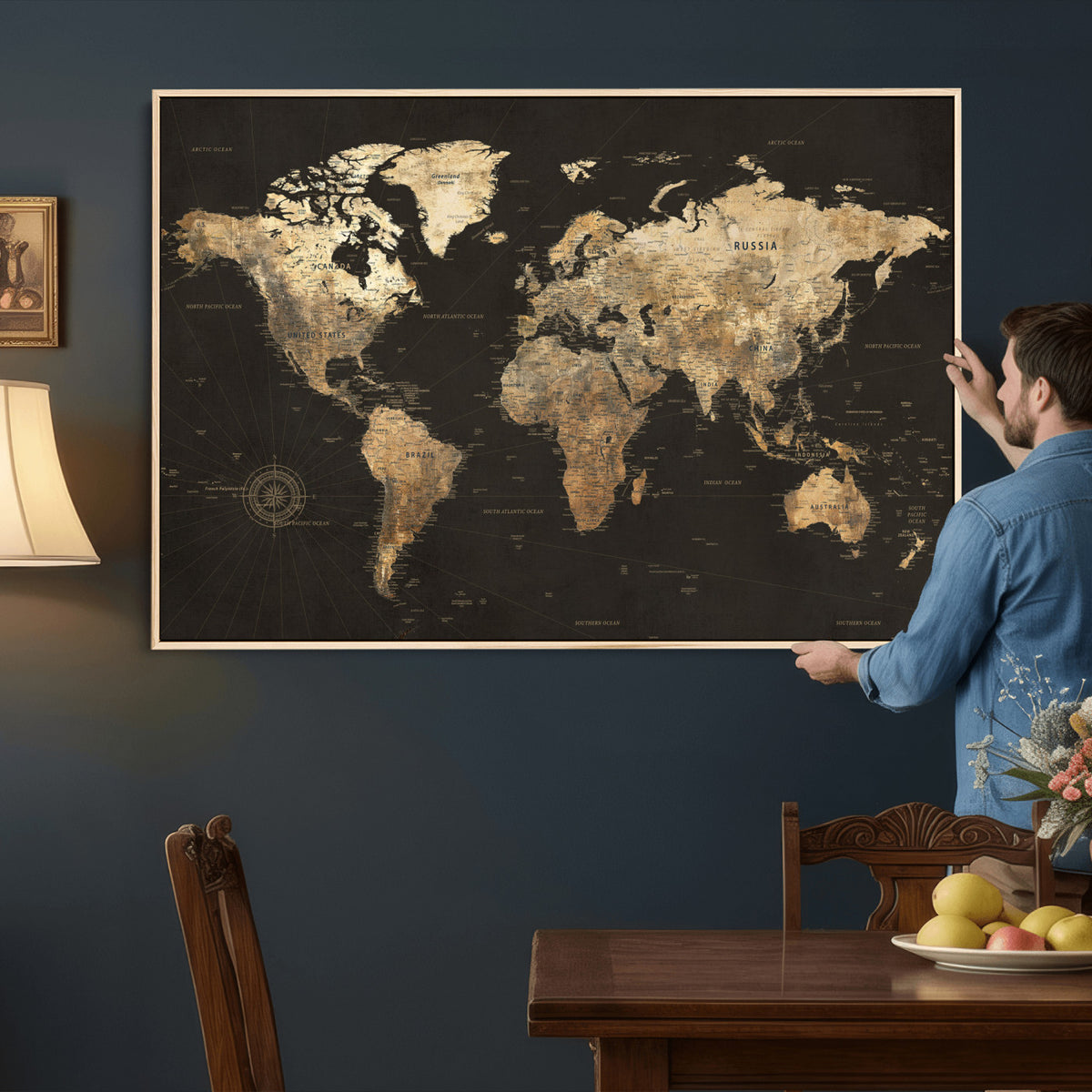 70985630-MGV-CV-36X24 - Framed World Map with Pin Canvas Print – Detailed World Map