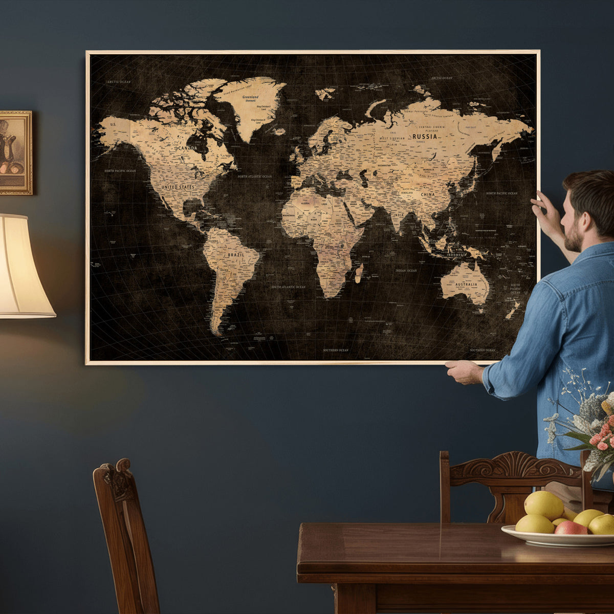 15118265-MGV-CV-36X24 - Brown World Map Canvas Print | Modern Travel Map Wall Art