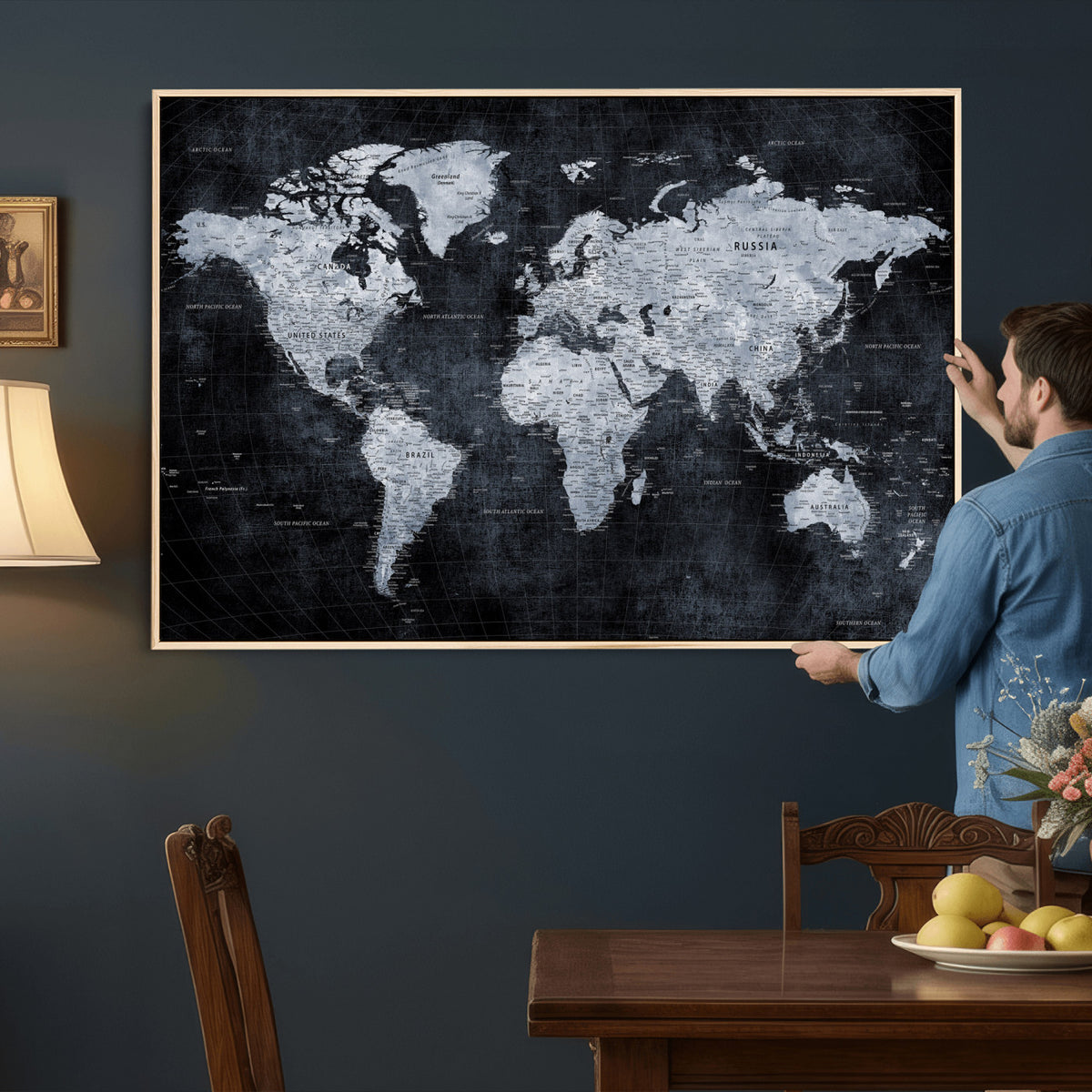86893704-MGV-CV-36X24 - Black World Map Canvas Print | Detailed Map for Couples and Anniversary Gift