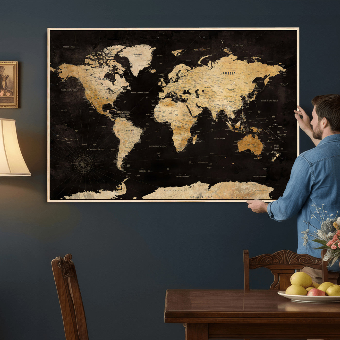 70468159-MGV-CV-36X24 - World Map Wall Art Canvas Print, Modern Decorative Framed Map Artwork Prints for Living Room, Office, Bedroom Wall Decor