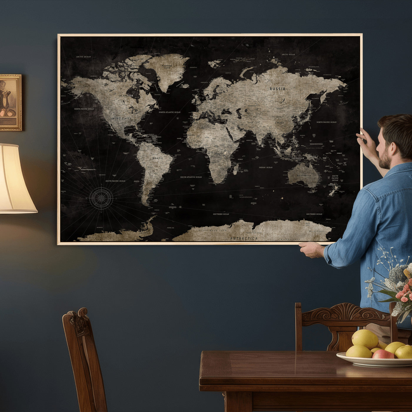 56225956-MGV-CV-36X24 - World Map Wall Art Canvas Print, Modern Decorative Framed Map Artwork Prints for Living Room, Office, Bedroom Wall Decor
