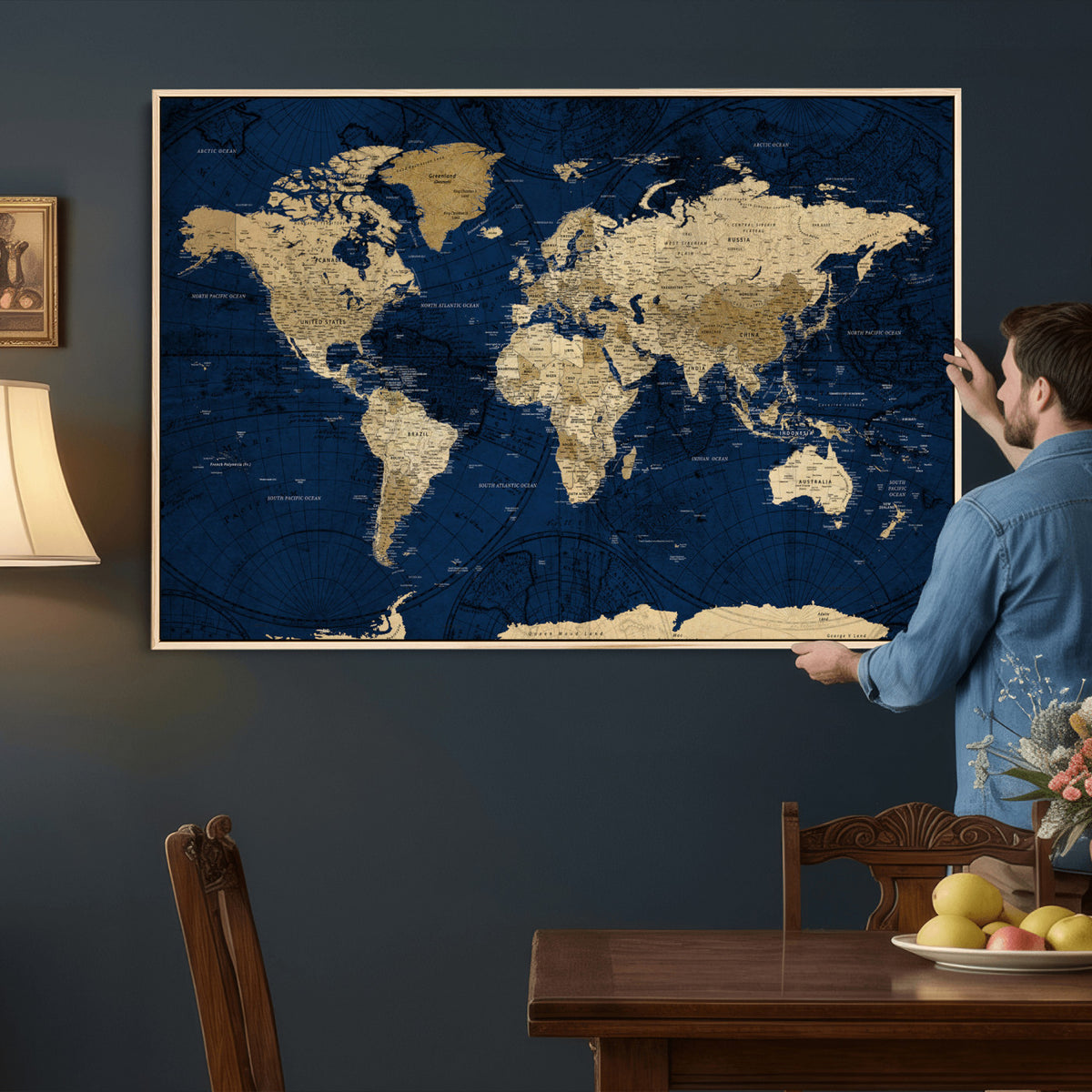 54770746-MGV-CV-36X24 - Navy Blue World Map Canvas Print – Detailed Map Minimal Navy