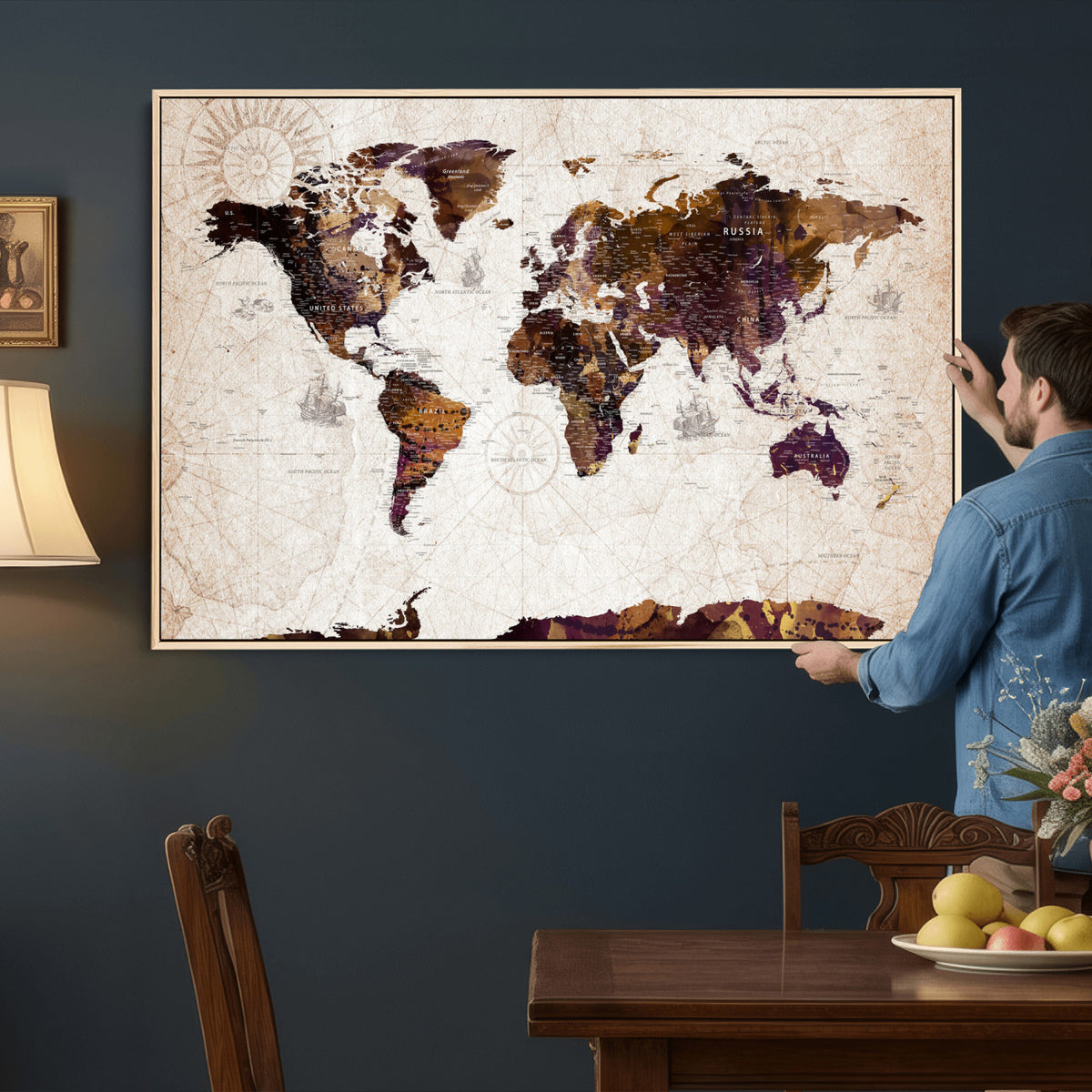 53400857-MGV-CV-36X24 - Blue Watercolor World Map Canvas Print – Framed Modern Wall