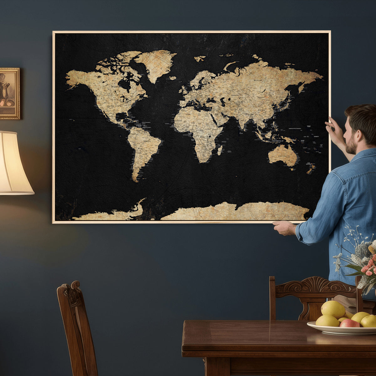 71518849-MGV-CV-36X24 - Beige World Map Canvas Wall Art Print, Minimal Black and