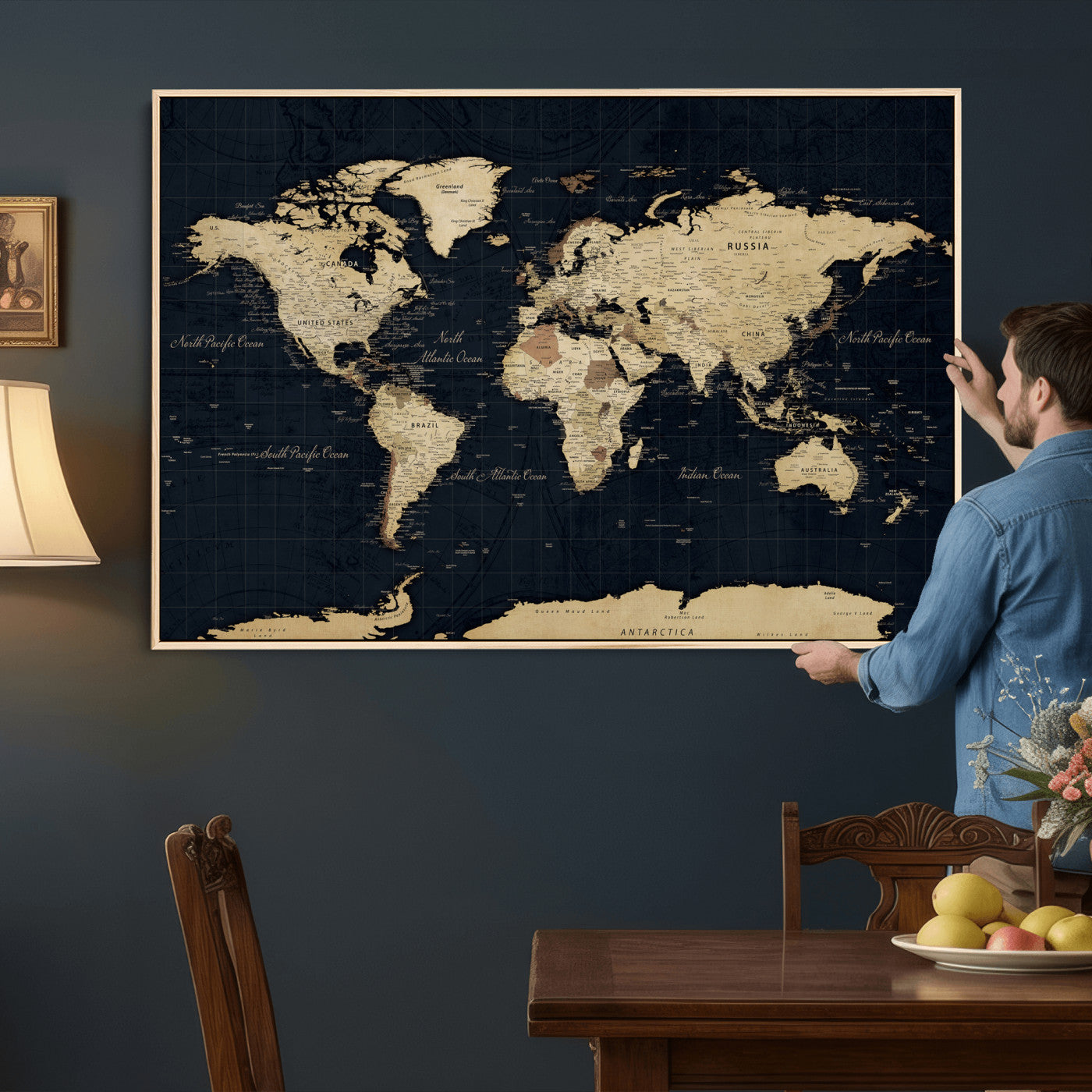 45063434-MGV-CV-36X24 - World Map Wall Art Canvas Print, Modern Decorative Framed Map Artwork Prints for Living Room, Office, Bedroom Wall Decor