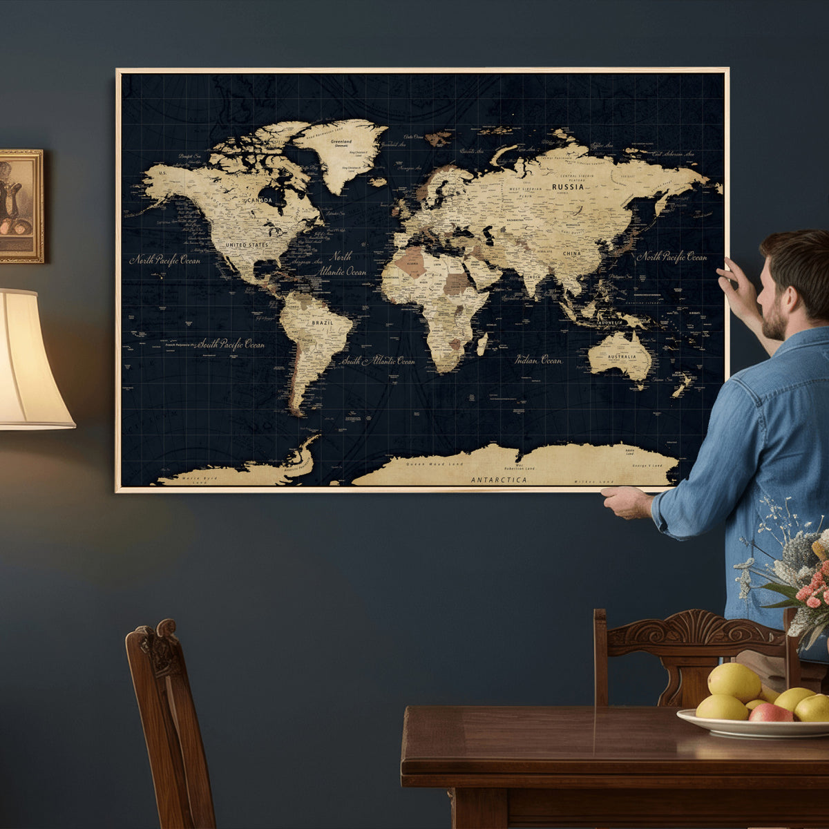 45063434-MGV-CV-36X24 - Dark World Map Canvas Wall Art Print, Minimal Black and Gold Map