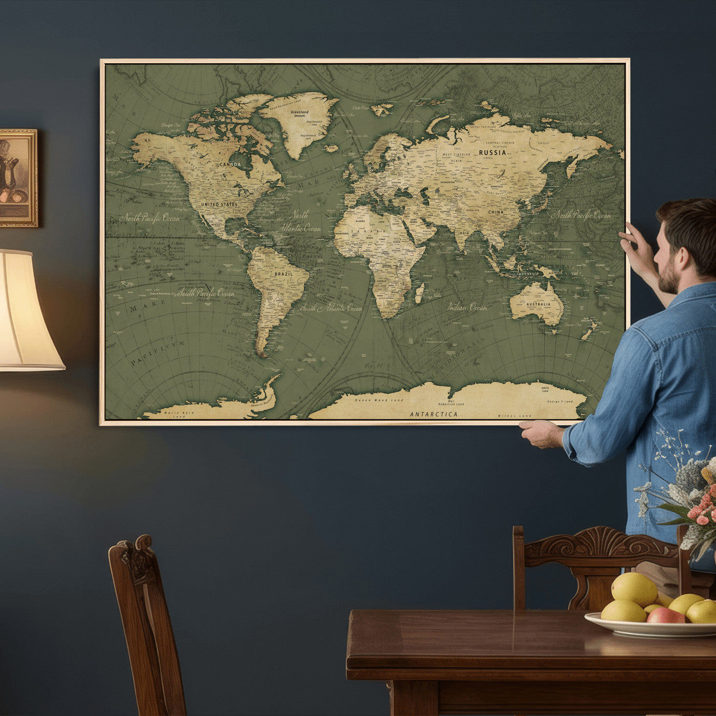 75846040-MGV-CV-36X24 - World Map Wall Art Canvas Print, Modern Decorative Framed Map Artwork Prints for Living Room, Office, Bedroom Wall Decor