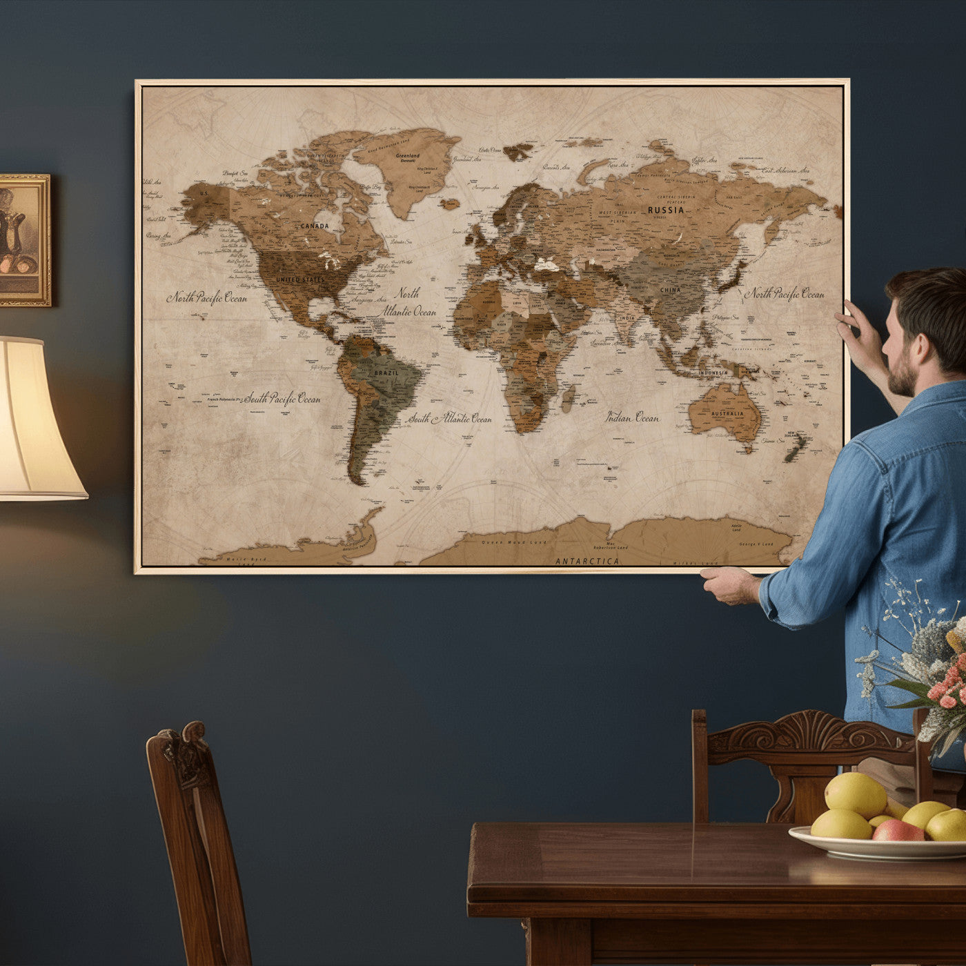 40064188-MGV-CV-36X24 - World Map Wall Art Canvas Print, Modern Decorative Framed Map Artwork Prints for Living Room, Office, Bedroom Wall Decor