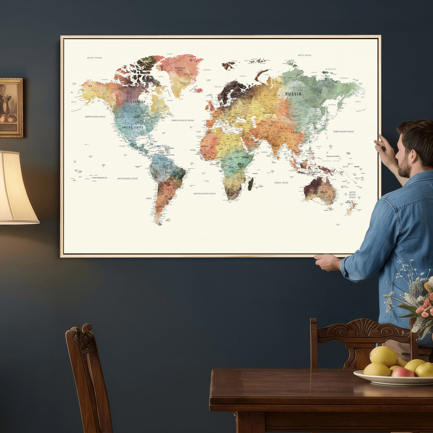 64206059-MGV-CV-36X24 - World Map Wall Art Canvas Print, Modern Decorative Framed Map Artwork Prints for Living Room, Office, Bedroom Wall Decor