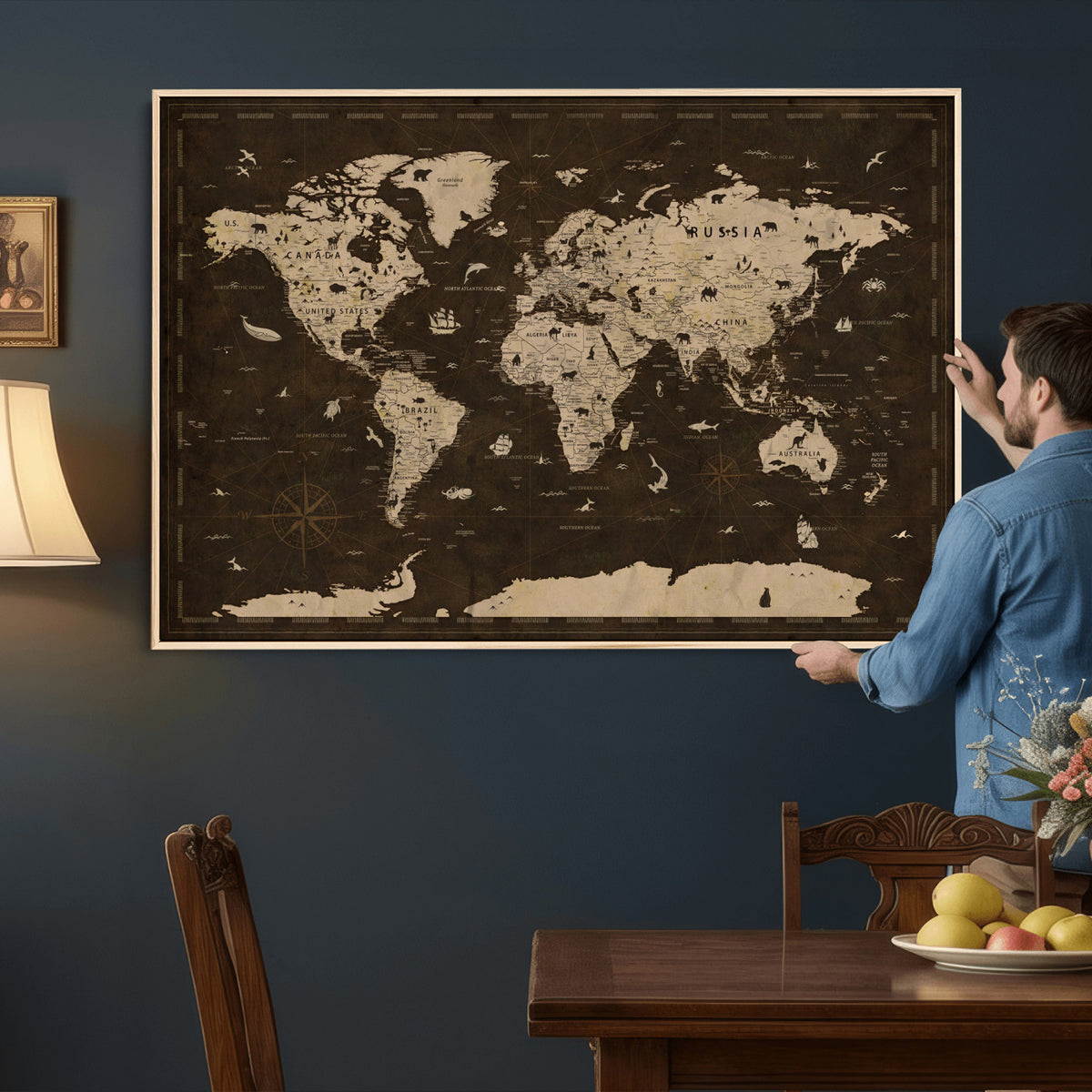44276398-MGV-CV-36X24 - World Map Wall Art Canvas Print, Modern Decorative Framed Map Artwork Prints for Living Room, Office, Bedroom Wall Decor