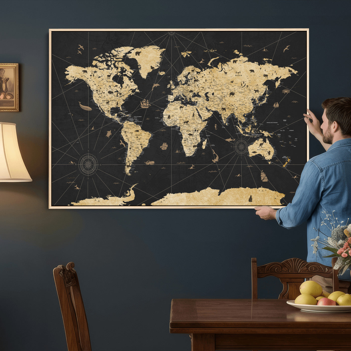 80270976-MGV-CV-36X24 - World Map Wall Art Canvas Print, Modern Decorative Framed Map Artwork Prints for Living Room, Office, Bedroom Wall Decor