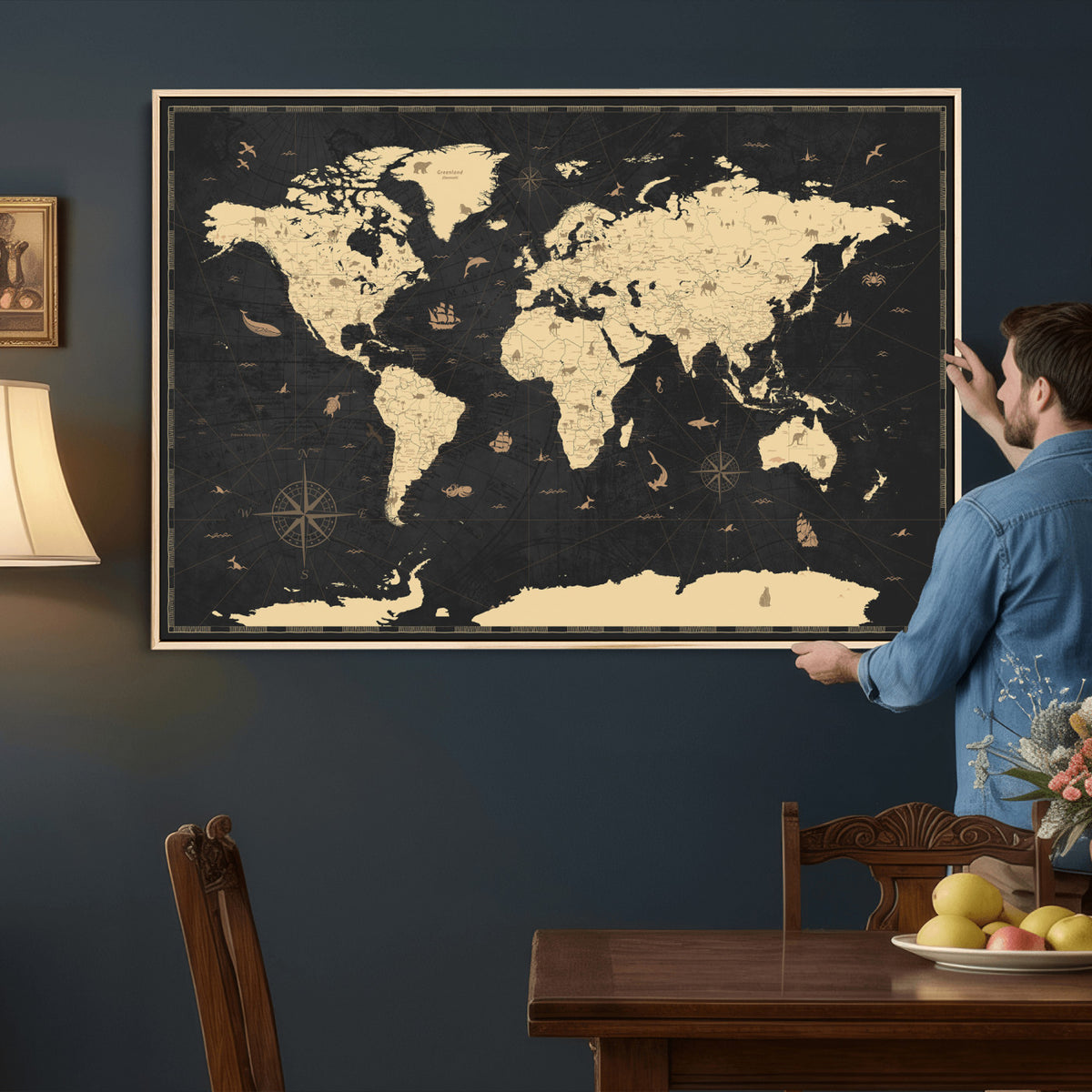 75220264-MGV-CV-36X24 - World Map Wall Art Canvas Print, Modern Decorative Framed Map Artwork Prints for Living Room, Office, Bedroom Wall Decor