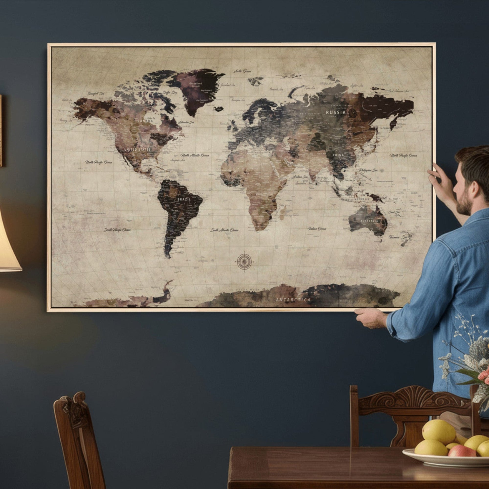 60560672-MGV-CV-36X24 - World Map Wall Art Canvas Print, Modern Decorative Framed Map Artwork Prints for Living Room, Office, Bedroom Wall Decor