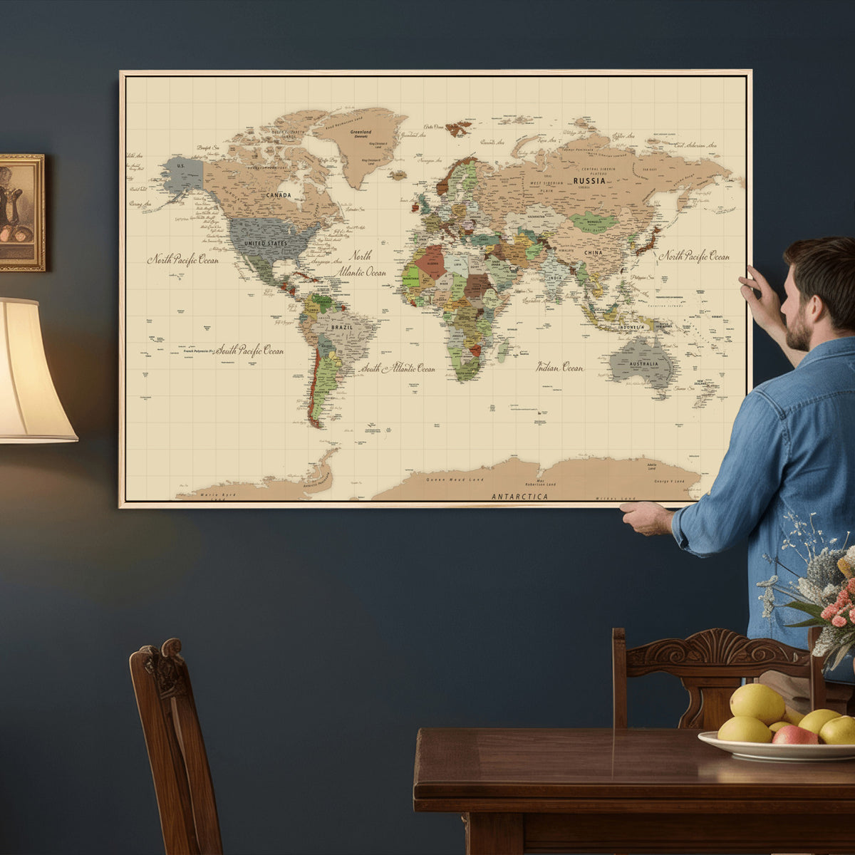 31407854-MGV-CV-36X24 - World Map Wall Art Canvas Print, Modern Decorative Framed Map Artwork Prints for Living Room, Office, Bedroom Wall Decor