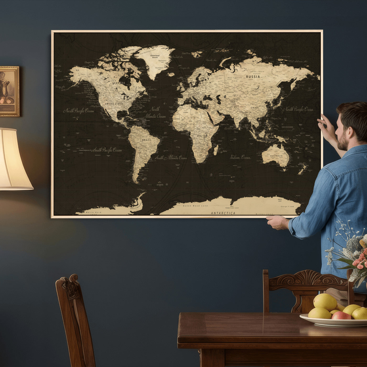 89024244-MGV-CV-36X24 - World Map Wall Art Canvas Print, Modern Decorative Framed Map Artwork Prints for Living Room, Office, Bedroom Wall Decor