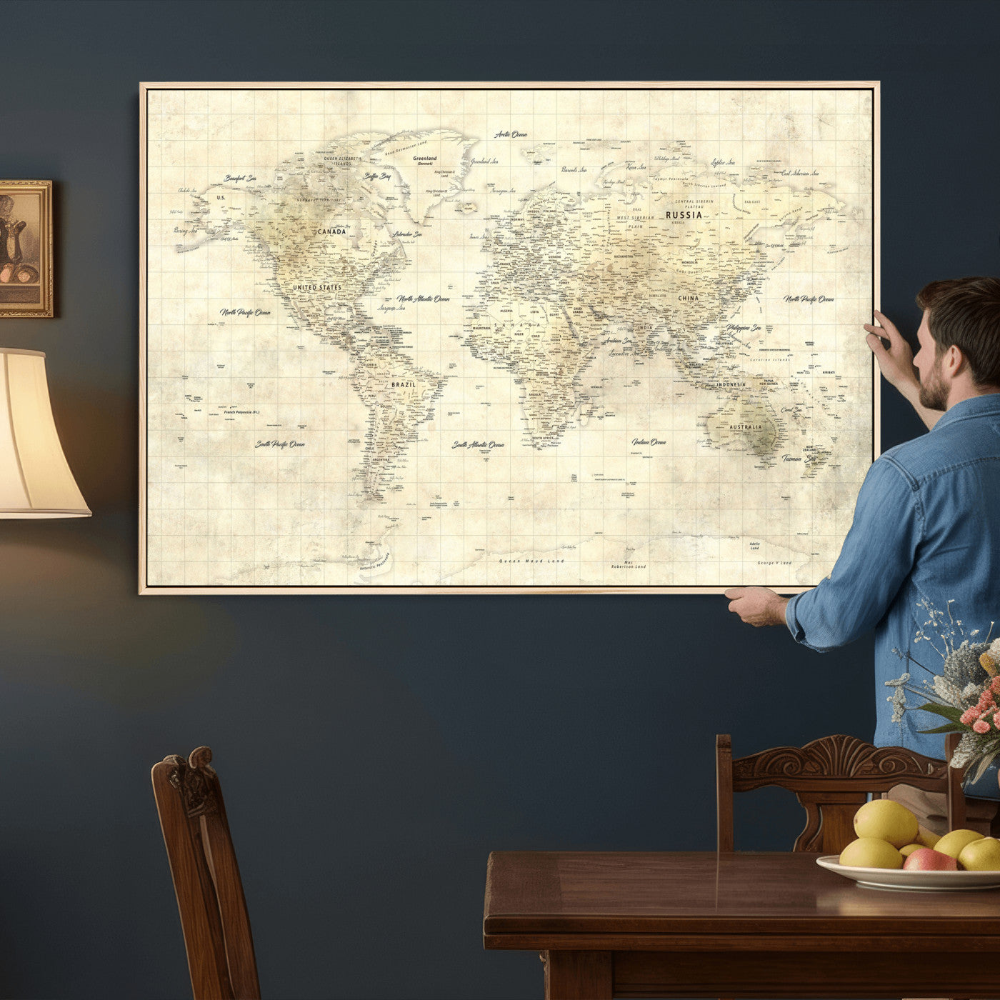 17101439-MGV-CV-36X24 - World Map Wall Art Canvas Print, Modern Decorative Framed Map Artwork Prints for Living Room, Office, Bedroom Wall Decor
