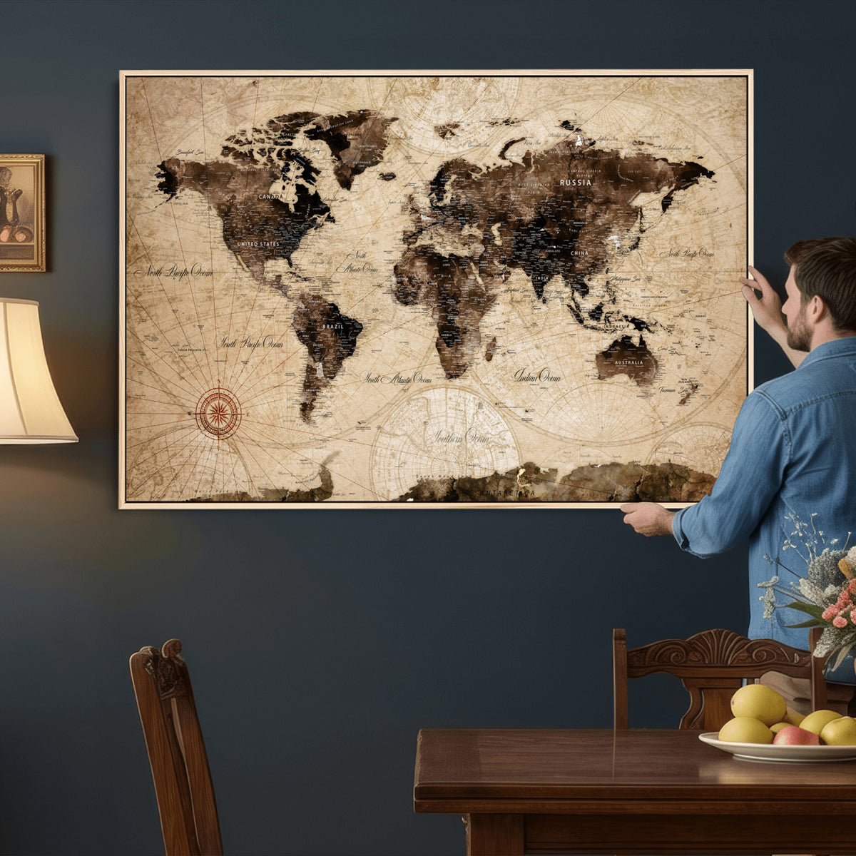 47657418-MGV-CV-36X24 - World Map Wall Art Canvas Print, Modern Decorative Framed Map Artwork Prints for Living Room, Office, Bedroom Wall Decor
