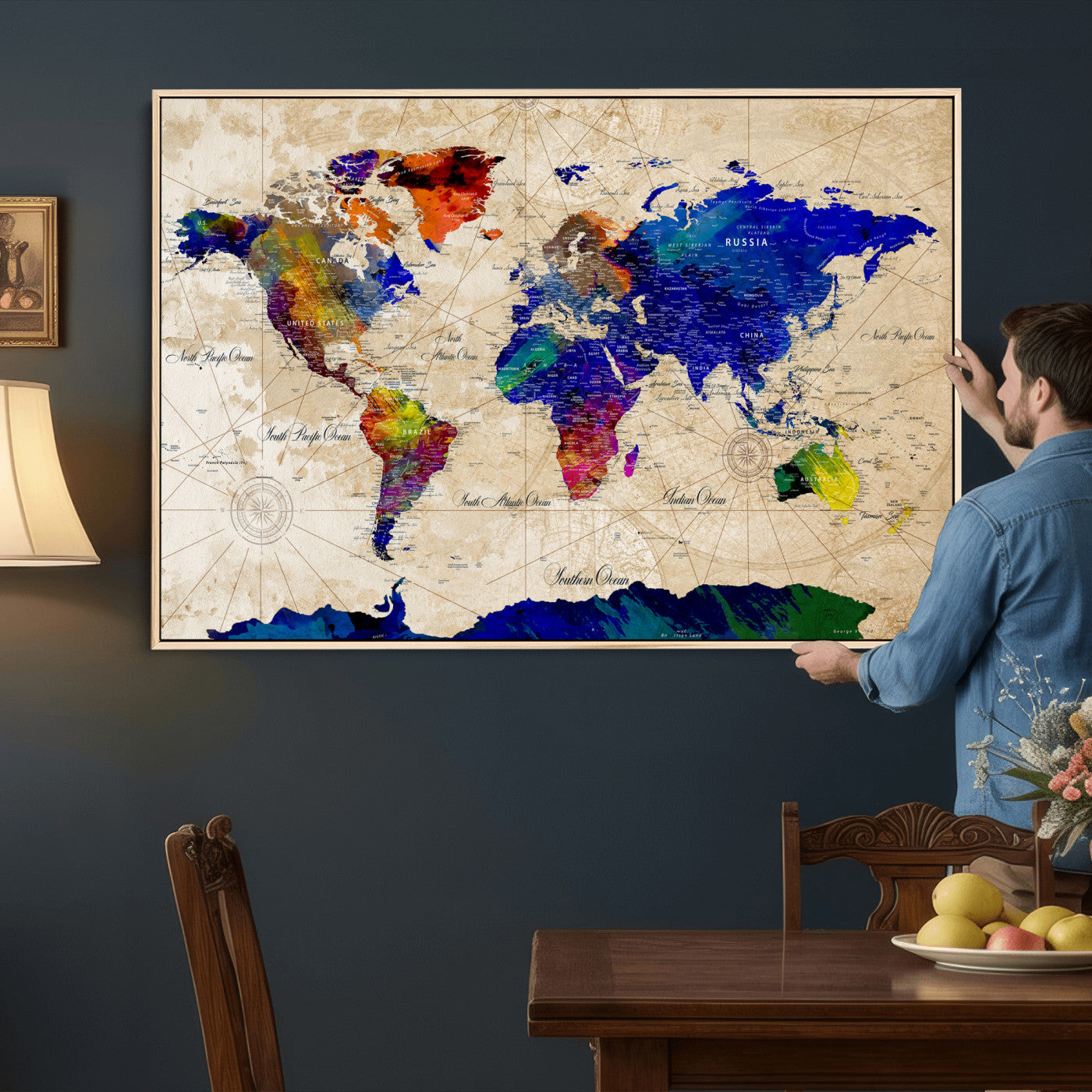26284075-MGV-CV-36X24 - World Map Wall Art Canvas Print, Modern Decorative Framed Map Artwork Prints for Living Room, Office, Bedroom Wall Decor
