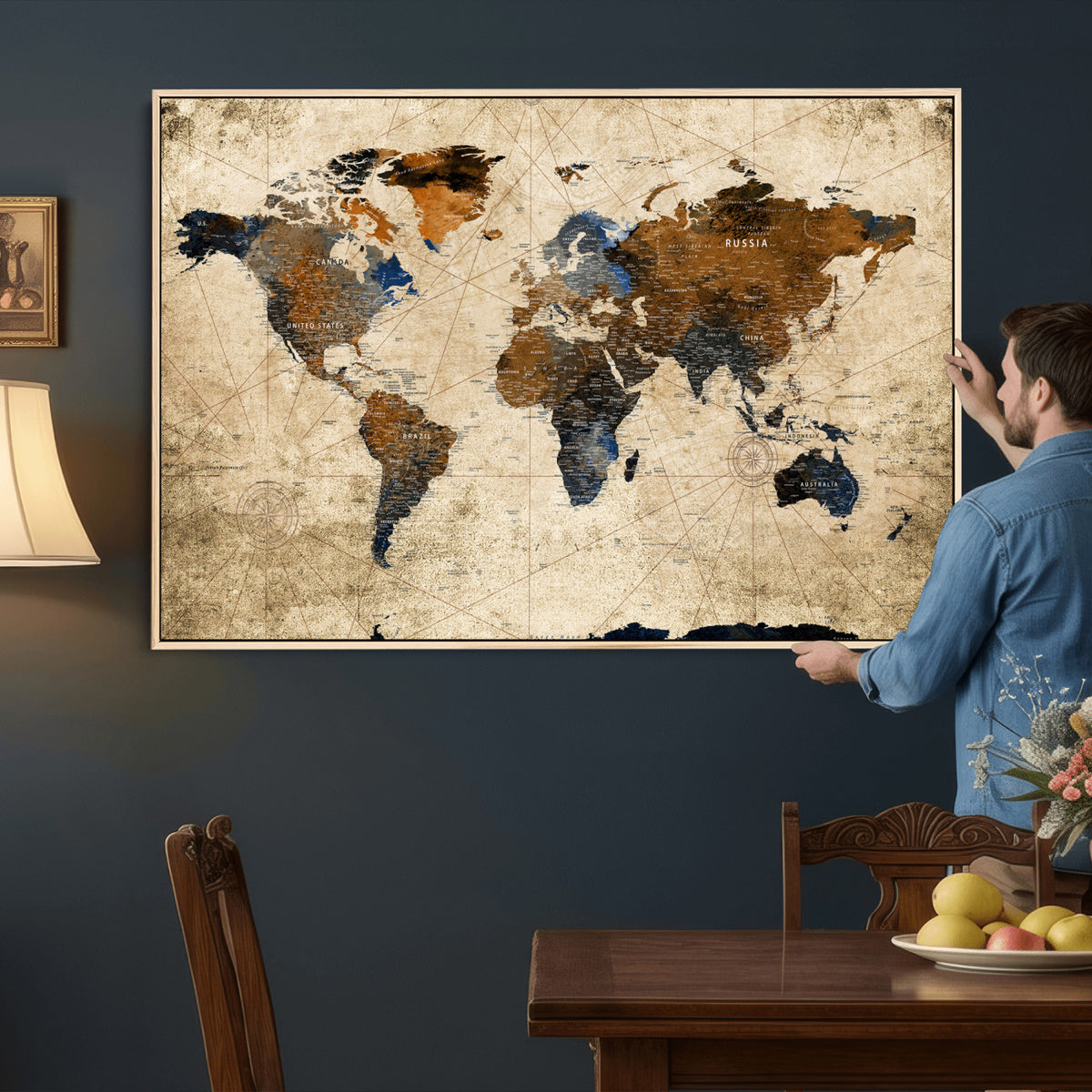 27163414-MGV-CV-36X24 - World Map Wall Art – Rustic Earth Tone Canvas Print, Antique