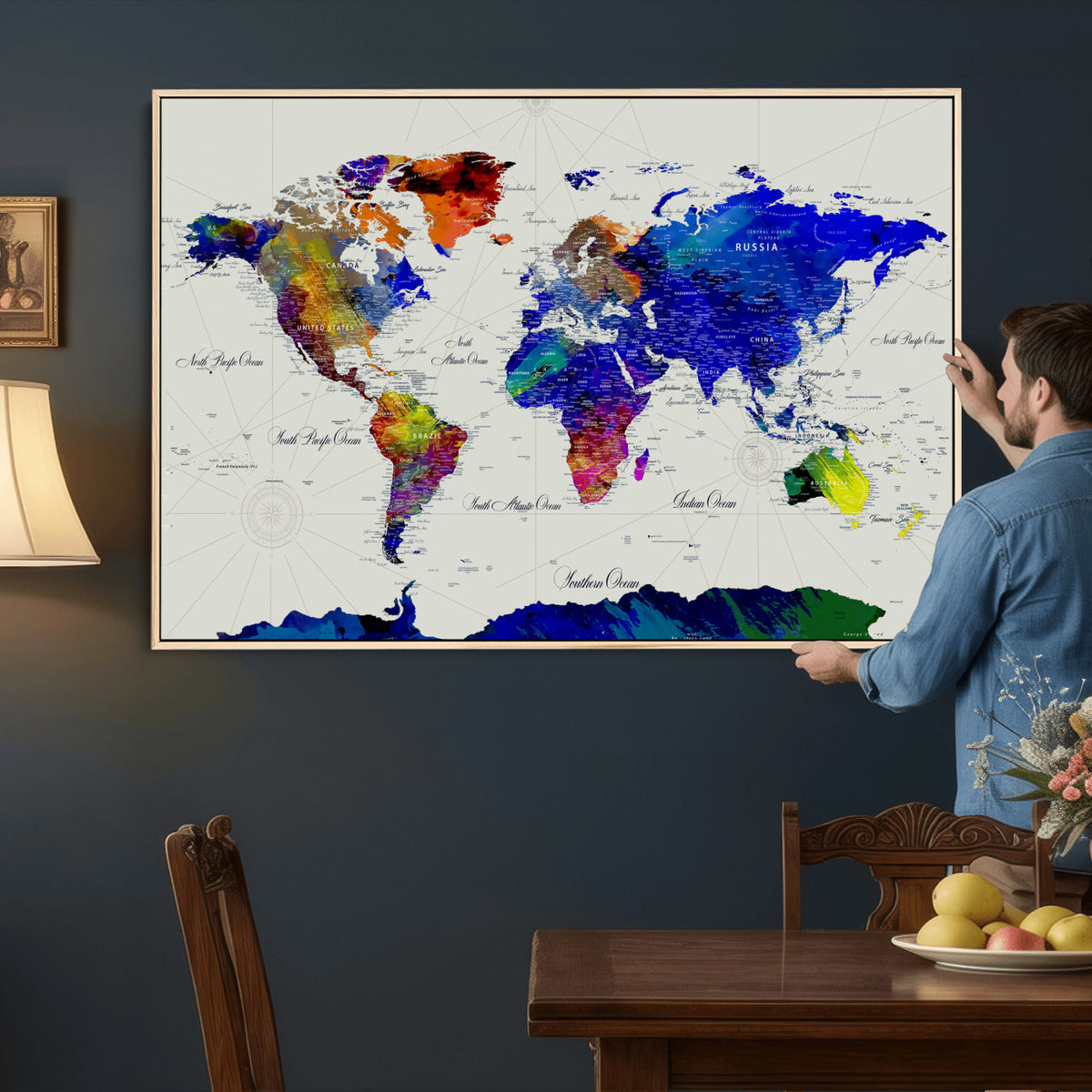 49670038-MGV-CV-36X24 - World Map Wall Art Canvas Print, Modern Decorative Framed Map Artwork