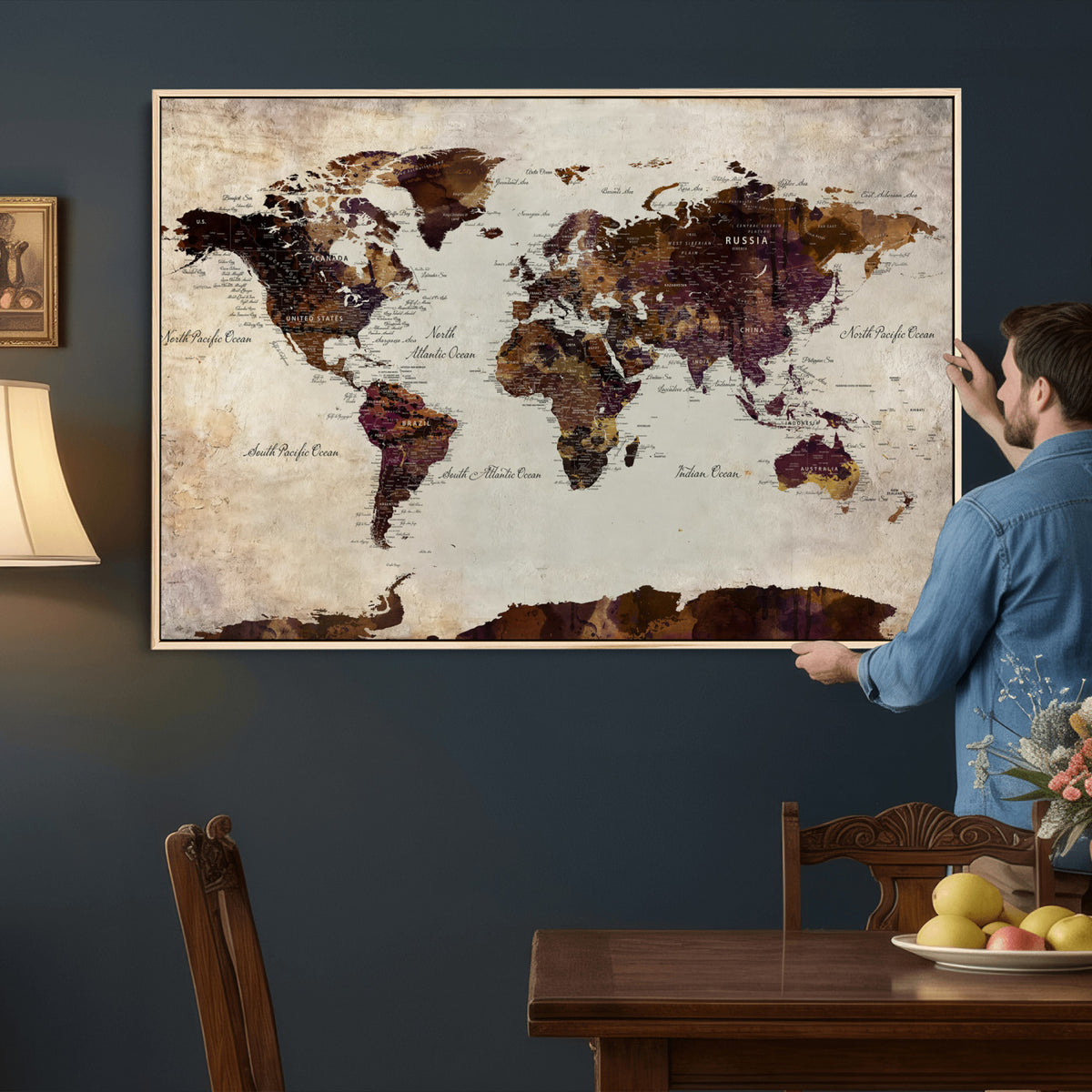 50611123-MGV-CV-36X24 - World Map Canvas Triptych | Colorful Global Wall Art for Living Rooms