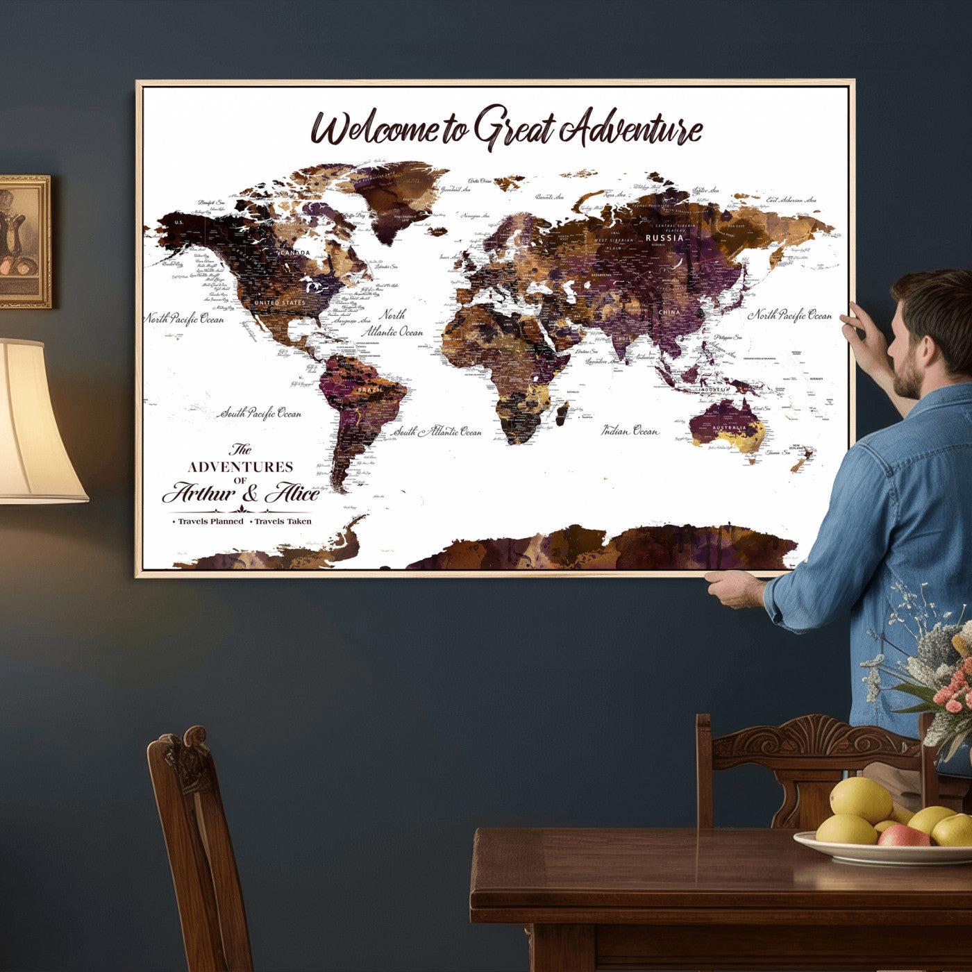 64110391125-MGV-CV-36X24 - Custom Push Pin World Map Wall Art Canvas Print – Personalized Travel Tracker with Pins Framed Large for Home and Office Decor