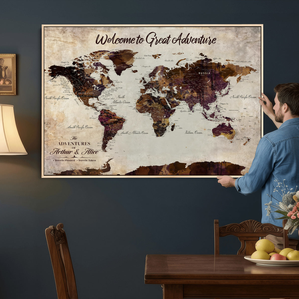 64110391126-MGV-CV-36X24 - Custom Beige World Travel Map Wall Art with Pins, Places Visited Tracker, Family Room and Entryway Decor