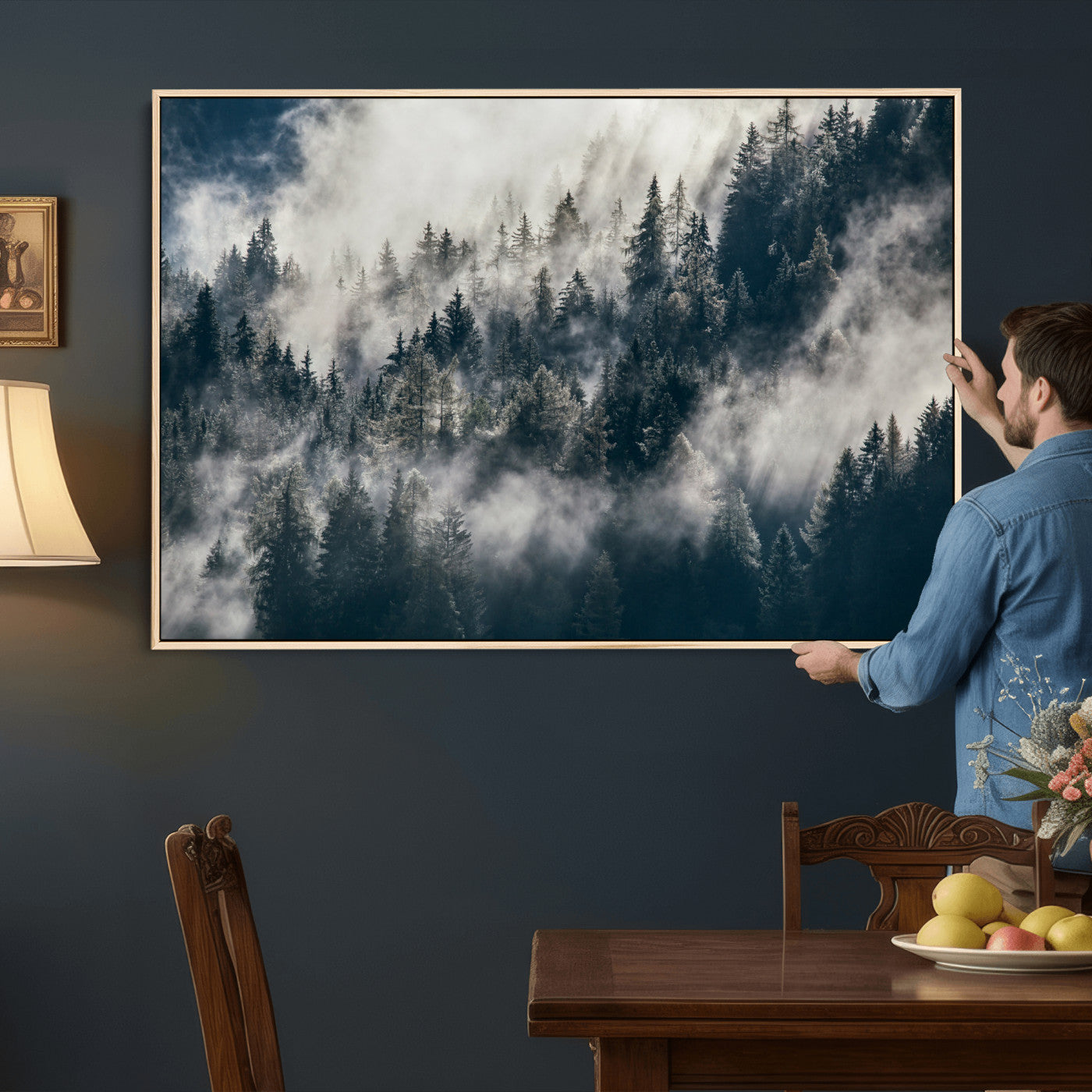 63405824-MGV-CV-36X24 - Foggy Mountain Forest Canvas Print, Misty Pine Trees Nature Wall Art, Framed Canvas Ready to Hang