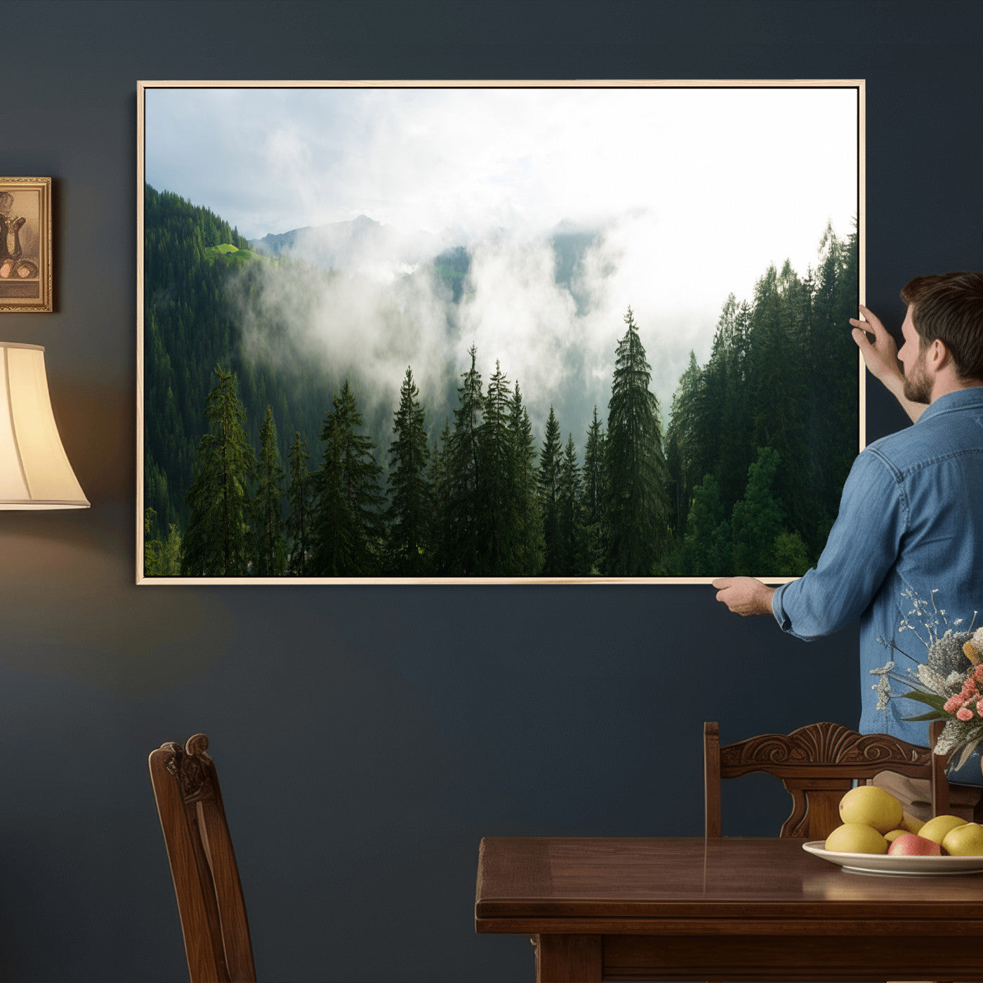 67174129-MGV-CV-36X24 - Misty Mountain Forest Canvas Print, Foggy Pine Trees Nature Wall Art, Framed Canvas Ready to Hang