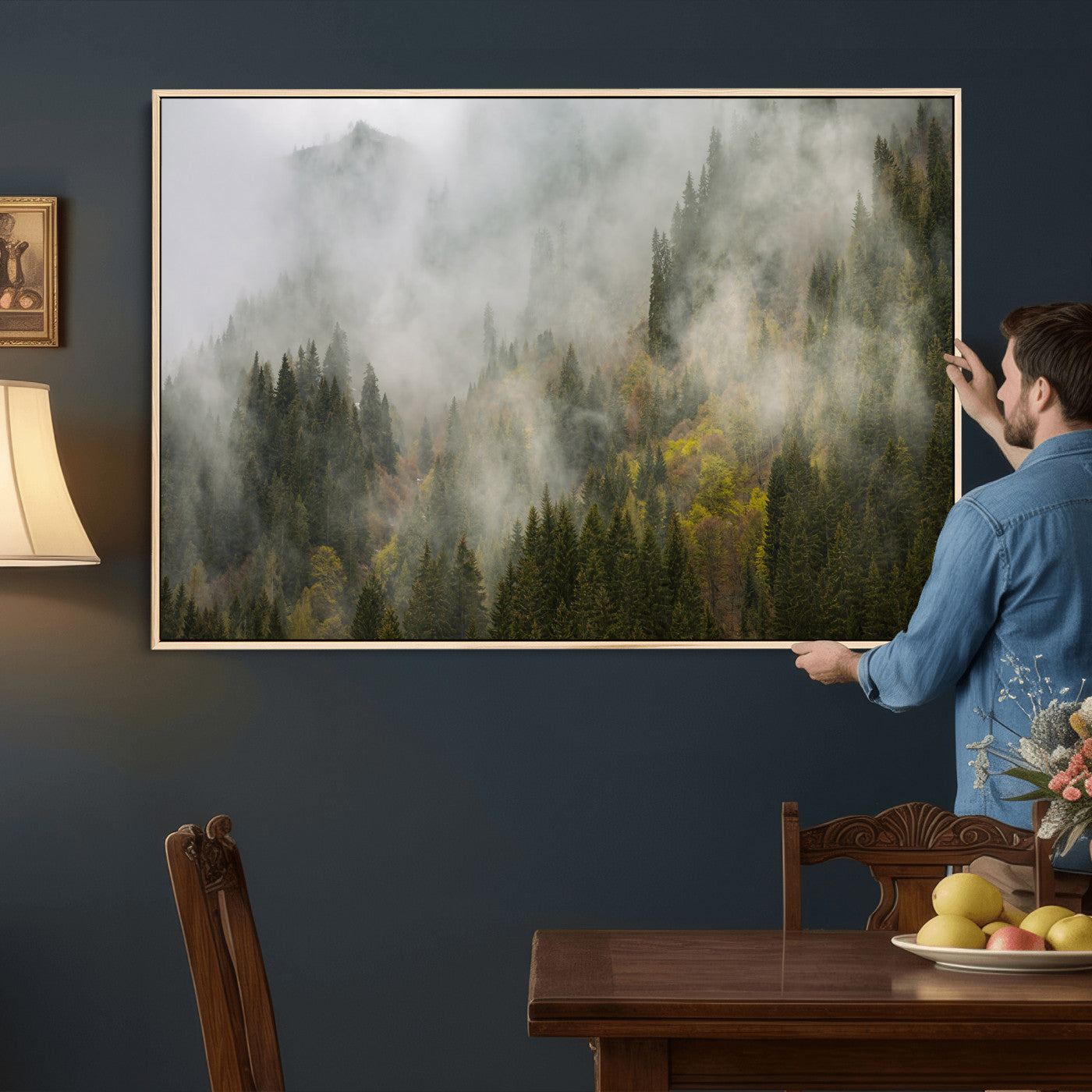 31152954-MGV-CV-36X24 - Misty Mountain Forest Canvas Print, Foggy Pine Trees Nature Wall Art, Framed Canvas Ready to Hang