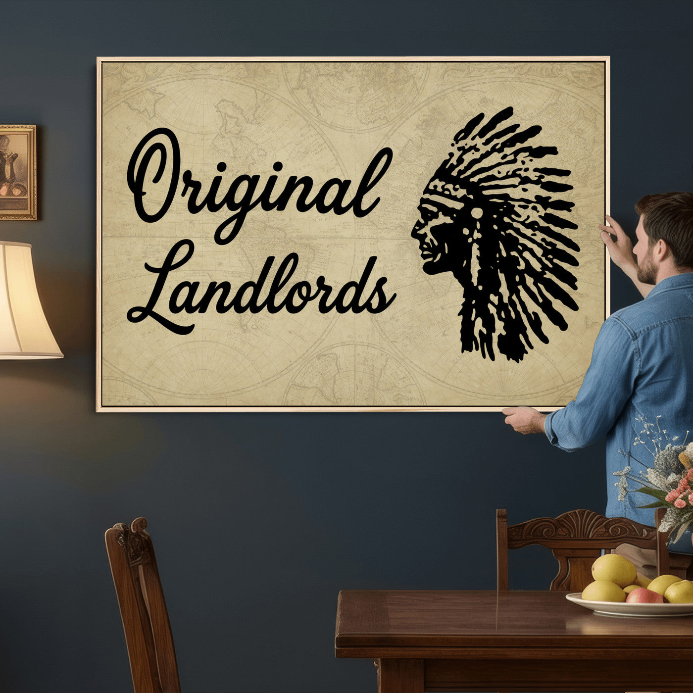 56844712-MGV-CV-36X24 - Original Landlords Wall Art Canvas Print, Native American Silhouette Artwork, Framed Wall Art Ready to Hang