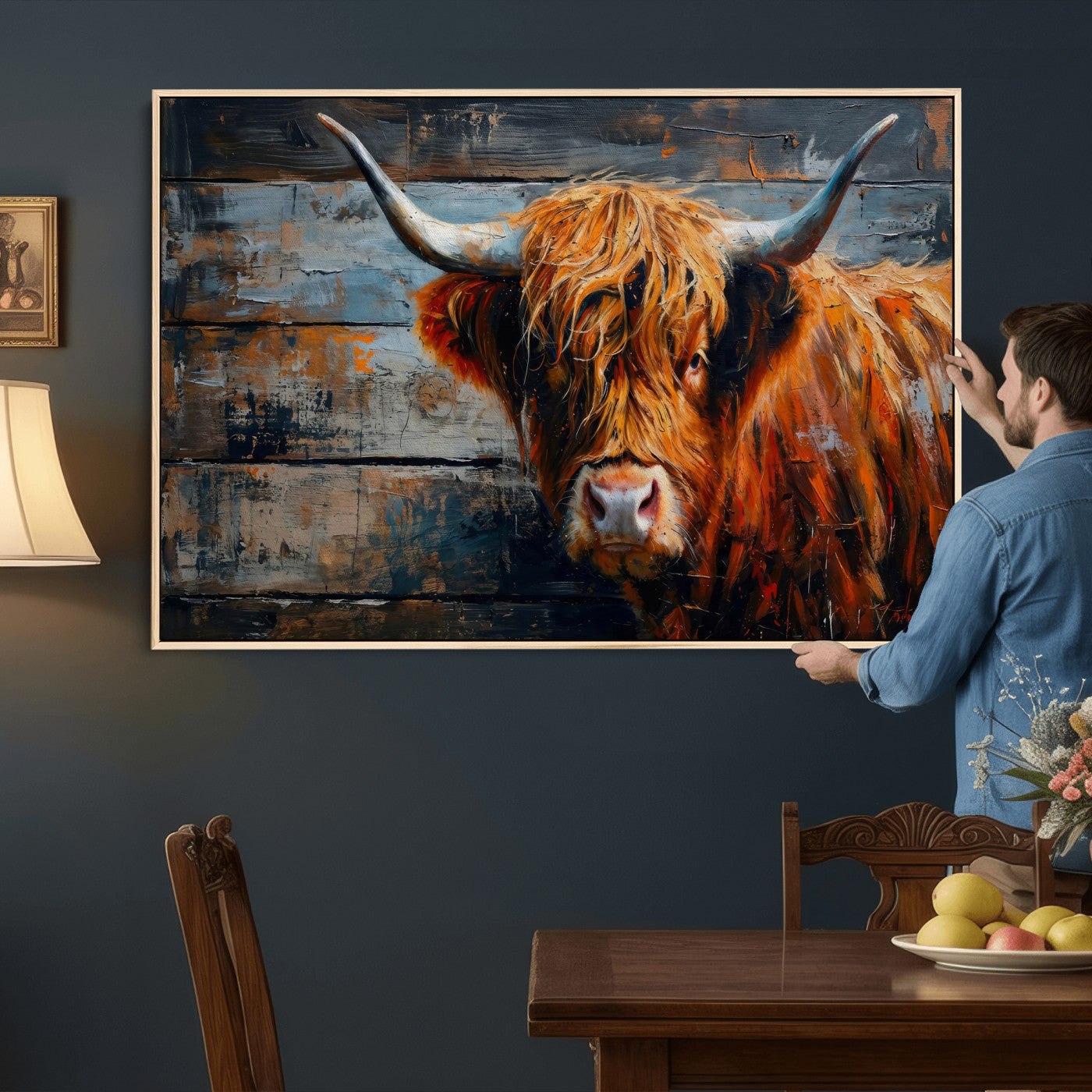 90271423-MGV-CV-36X24 - Highland Cow Wall Art Canvas Print, Abstract Rustic Farm Animal Wall Art Print, Framed Wall Art Ready to Hang