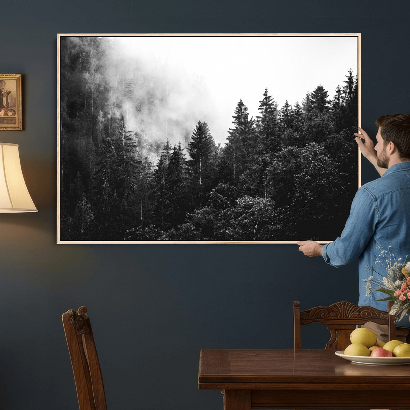 98764151-MGV-CV-36X24 - Black and White Forest Wall Art Canvas Print, Misty Pine Tree Landscape Photography, Framed Wall Art Ready to Hang