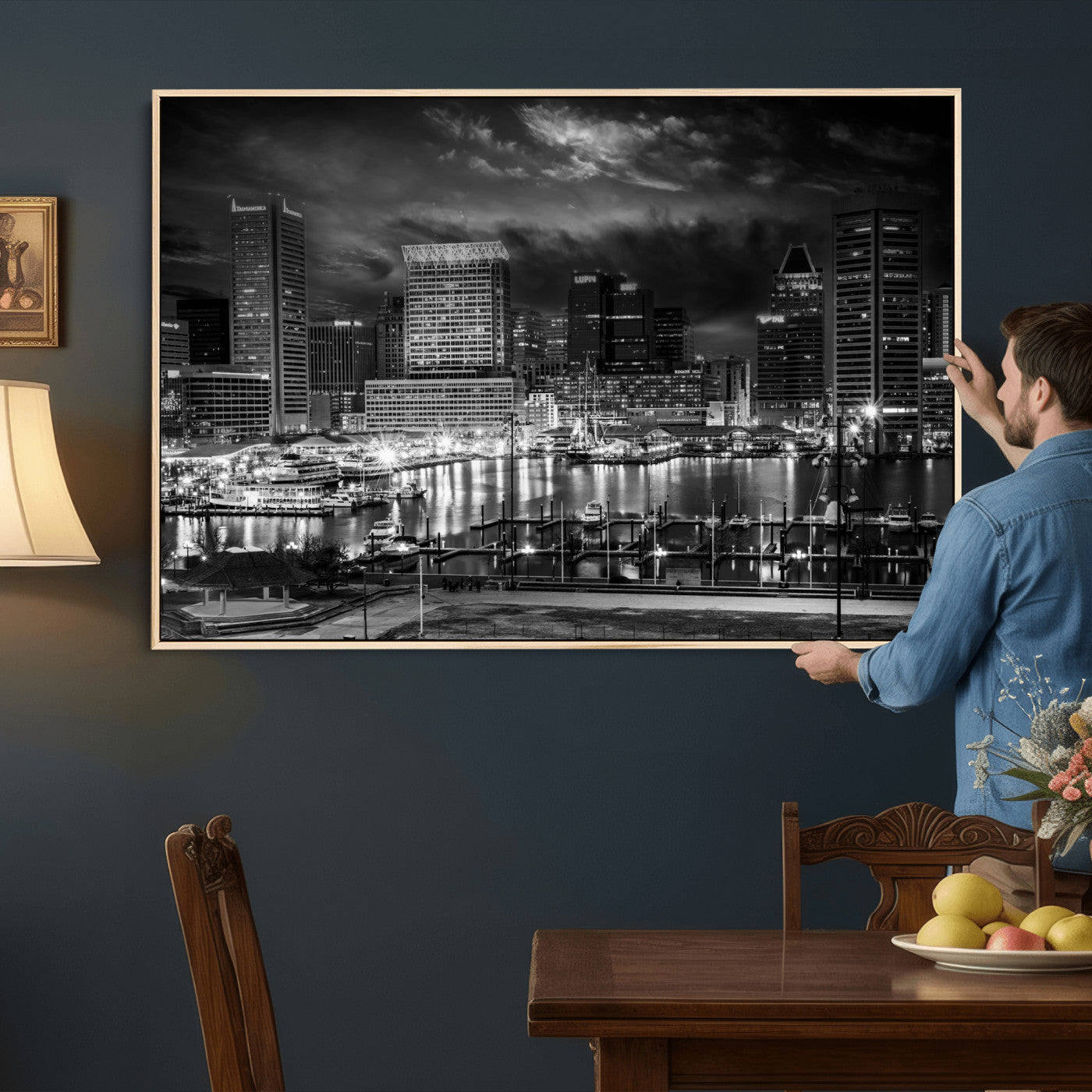 79755655-MGV-CV-36X24 - Baltimore Skyline Wall Art Canvas Print, Baltimore Downtown Night Cityscape Print for Modern Urban Wall Decor