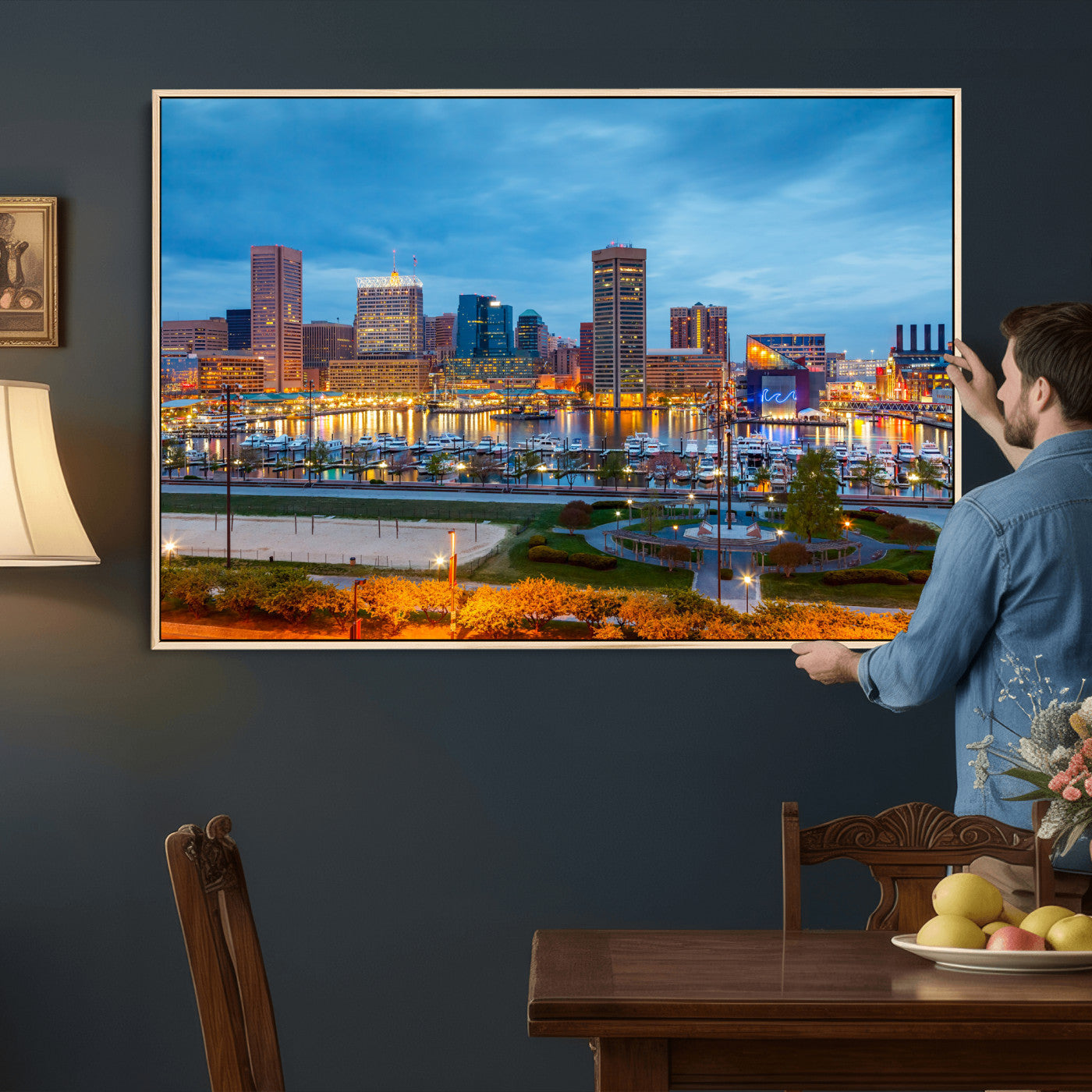 78635089-MGV-CV-36X24 - Baltimore Skyline Wall Art Canvas Print, Baltimore Downtown Night Cityscape Print for Modern Urban Wall Decor