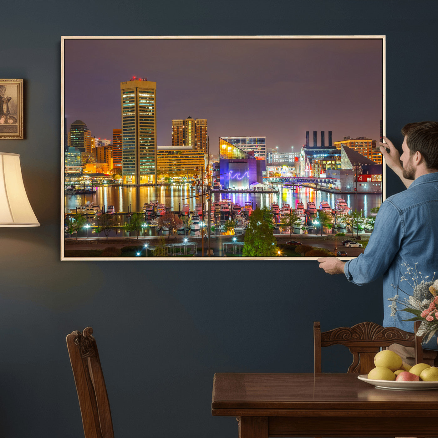 42654823-MGV-CV-36X24 - Baltimore Skyline Wall Art Canvas Print, Baltimore Downtown Night Cityscape Print for Modern Urban Wall Decor