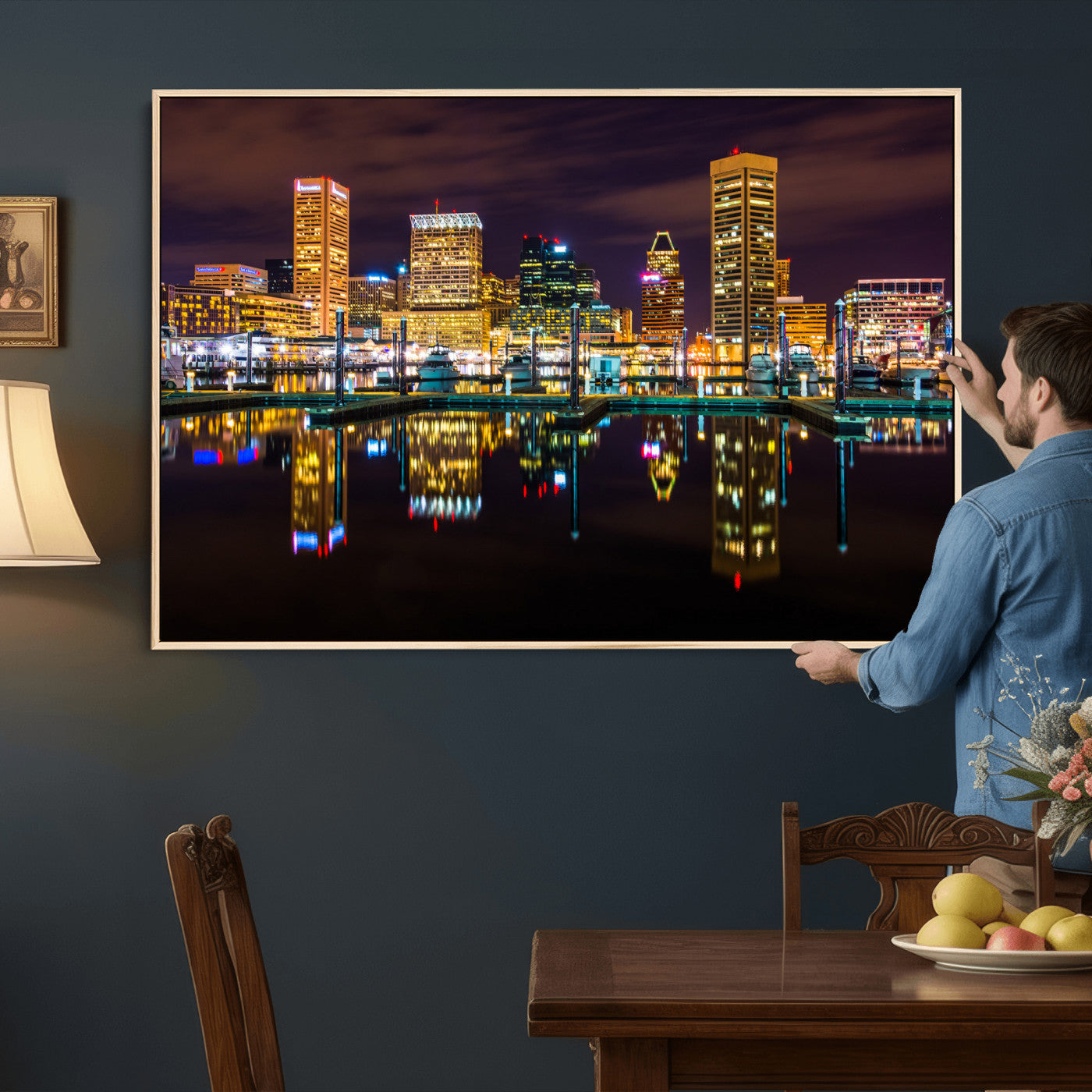 38201692-MGV-CV-36X24 - Baltimore Skyline Wall Art Canvas Print, Baltimore Downtown Night Cityscape Print for Modern Urban Wall Decor