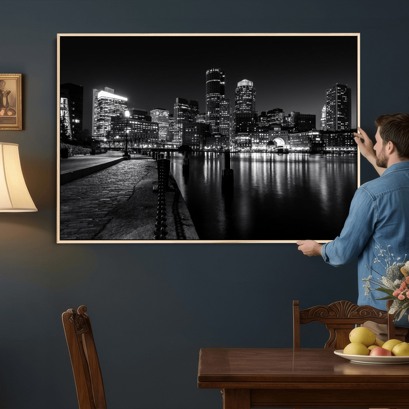 53082656-MGV-CV-36X24 - Boston Wall Art Canvas Print, Boston City Downtown Night Cityscape Print for Modern Urban Wall Decor