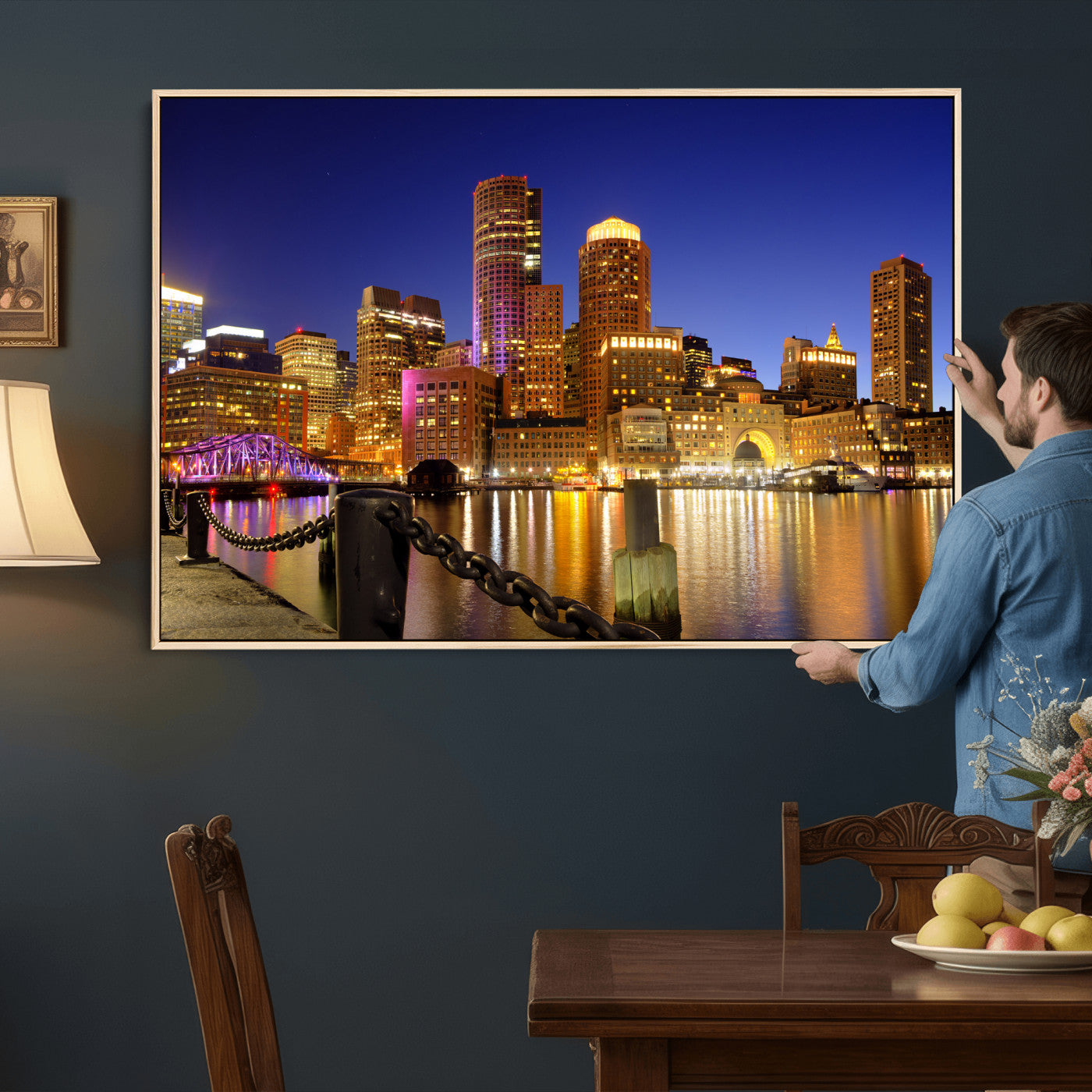 56611117-MGV-CV-36X24 - Boston Wall Art Canvas Print, Boston City Downtown Night Cityscape Print for Modern Urban Wall Decor