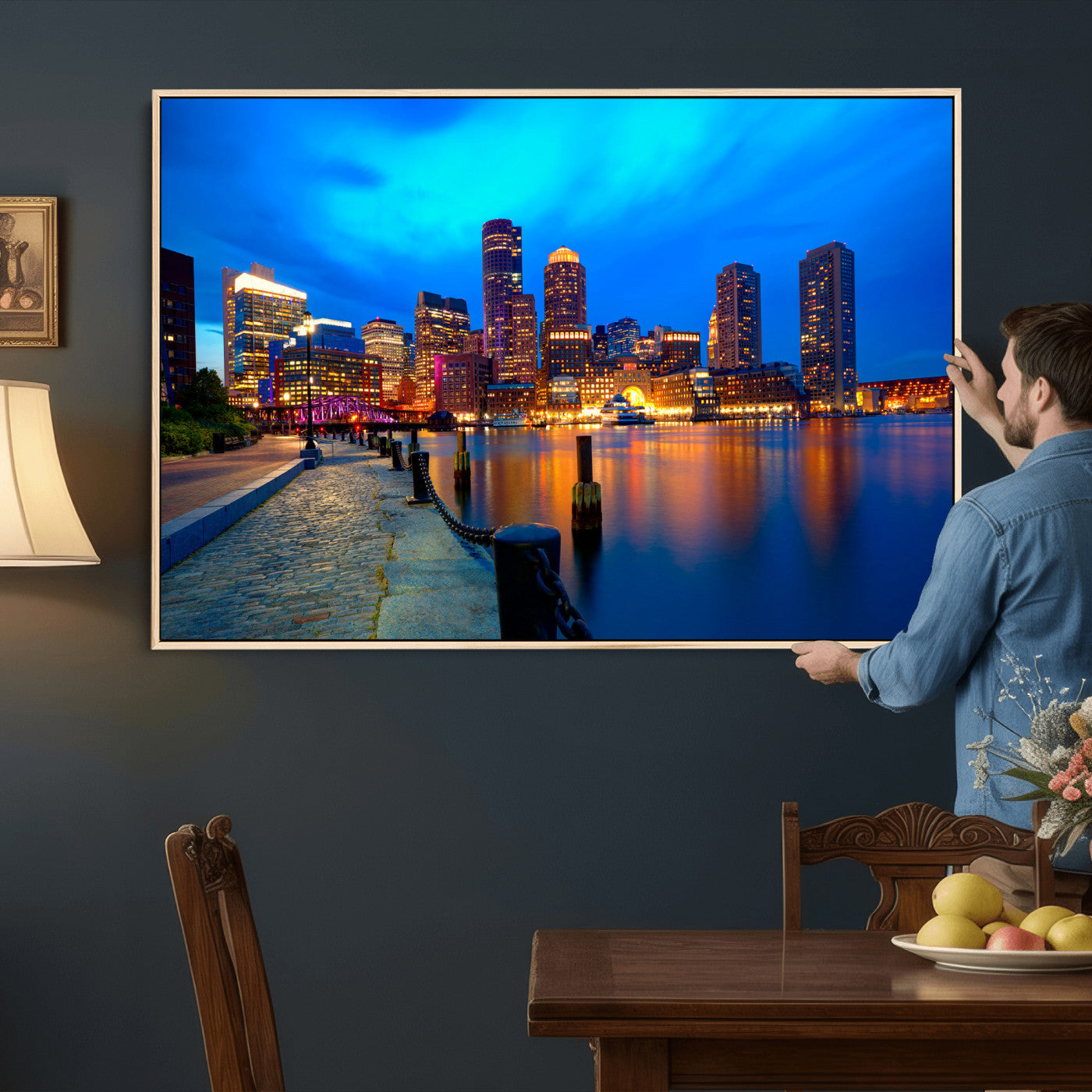 69619565-MGV-CV-36X24 - Boston Wall Art Canvas Print, Boston City Downtown Night Cityscape Print for Modern Urban Wall Decor